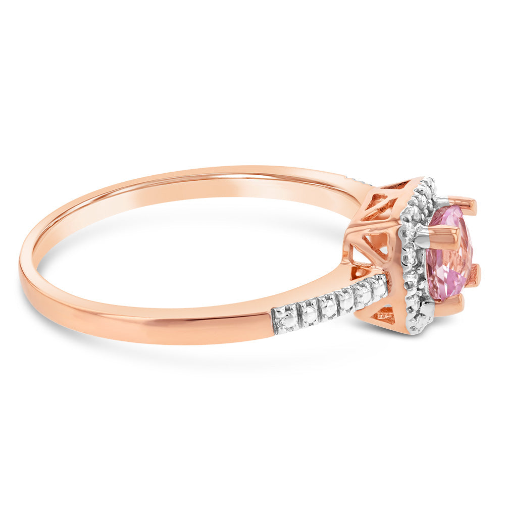 9ct Rose Gold Created Morganite & Diamond Cushion Ring - Elegant Engagement, Wedding, Anniversary Jewelry Gift for Her