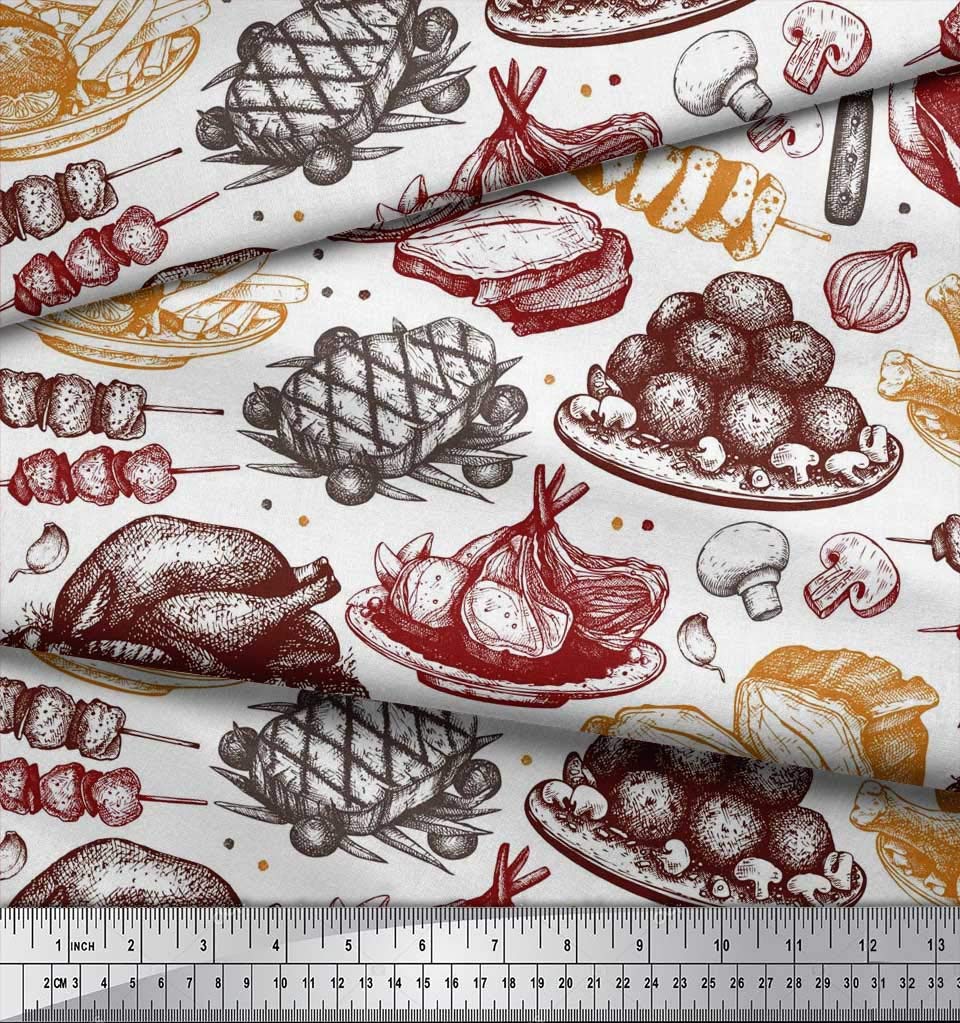 Soimoi Rayon Fabric - 56 Inch Wide Non-Vegetarian Dishes & Bread Print Material for Sewing, Quilting, and DIY Crafts | Perfect for Table Runners, Aprons, and Kitchen Decor