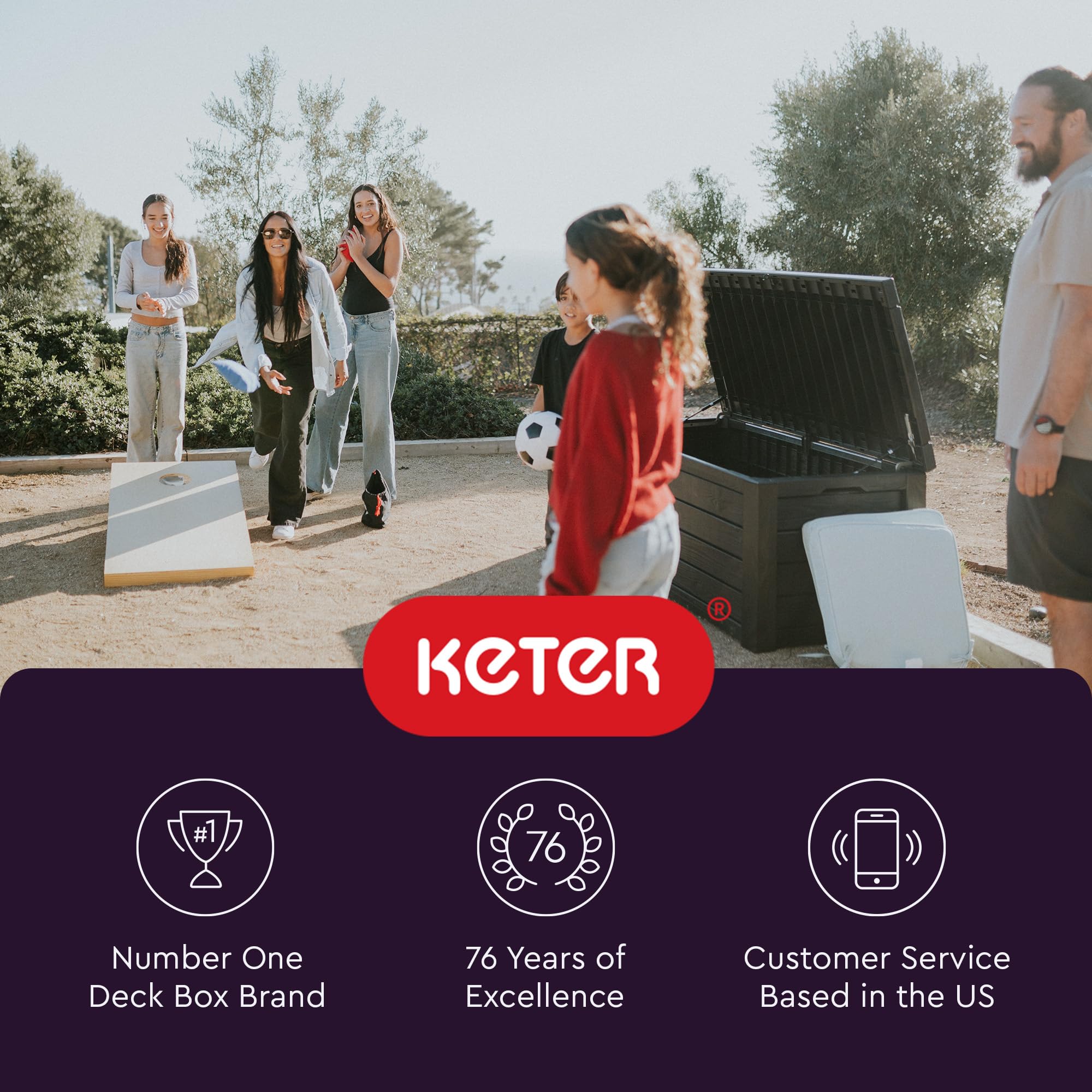 Keter 150 Gallon Outdoor Storage Deck Box with Seat - Wood Grain Brown Resin Patio Bin - Perfect for Backyard, Garden & Poolside Storage