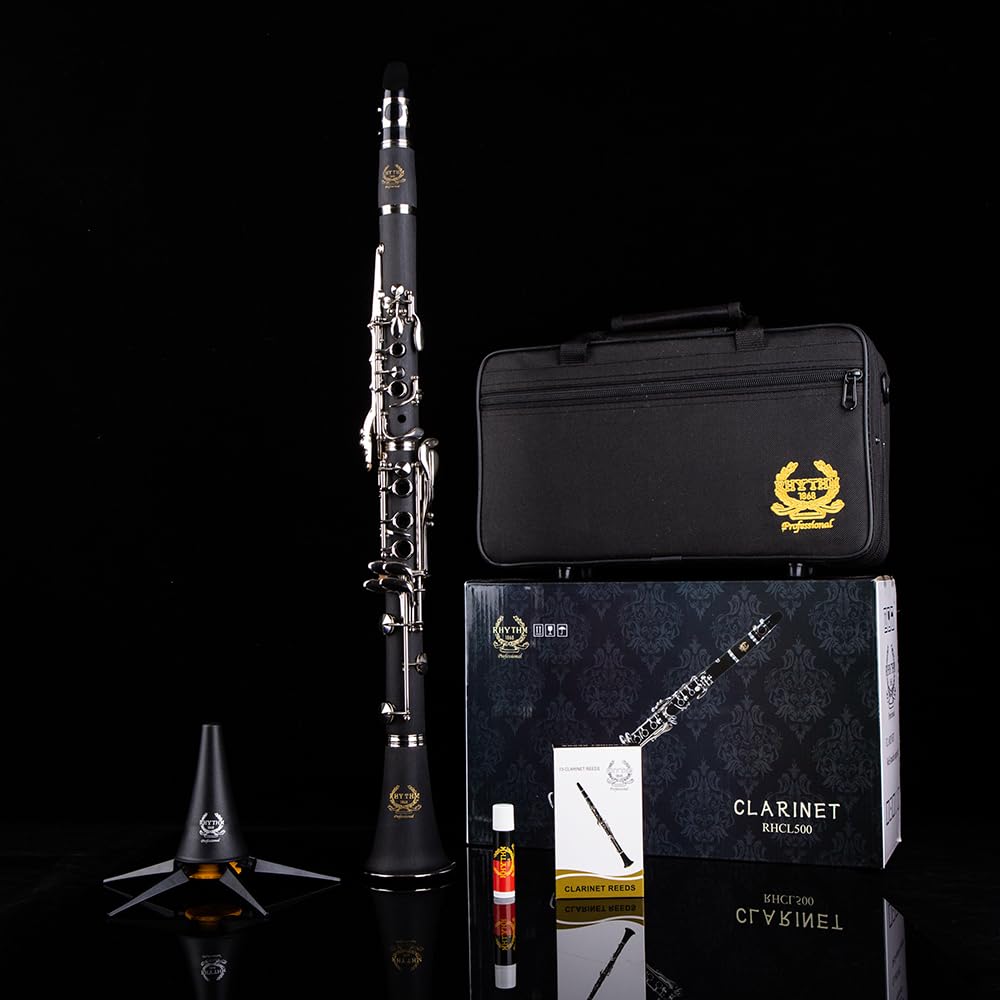 Professional Bb Clarinet with 17 Nickel Keys - Ideal Woodwind Instrument for Beginners & Students - Includes Hard Case, Stand, 10 Reeds & Cleaning Kit (Black/Silver) - Perfect for School Band, Orchestra & Music Practice