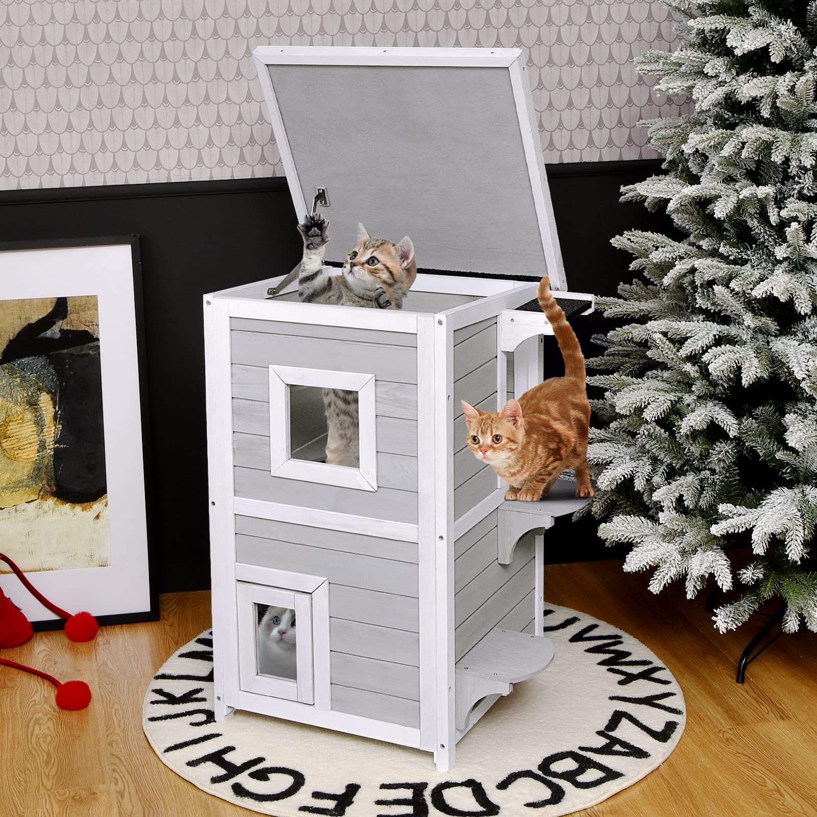 Weatherproof Wooden Outdoor Cat House - 2-Story Feral Cat Shelter with Removable Roof | Durable Pet Shelter for Backyard, Garden & Patio Use