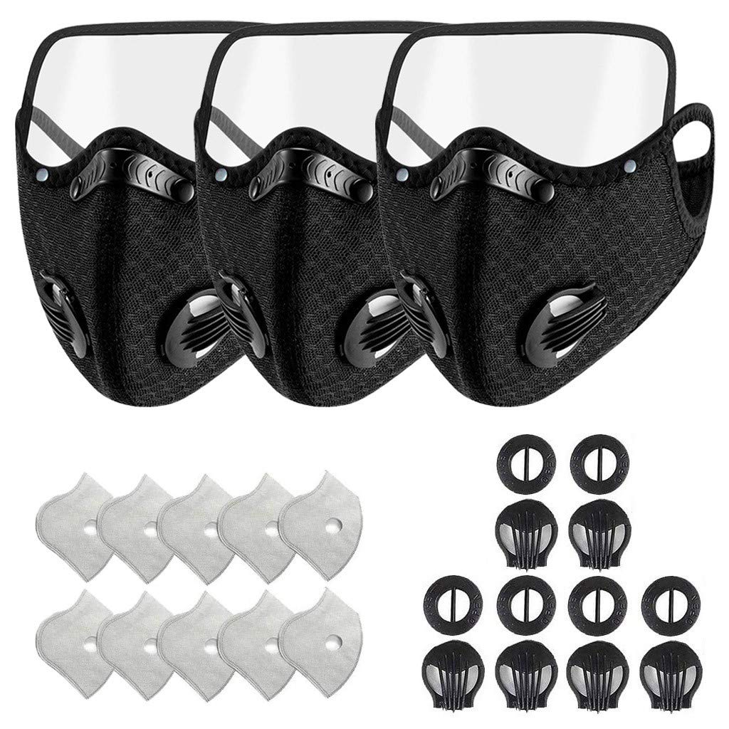 RWET Fashion Reusable Face Mask with Detachable Eye Shield & Breathing Valve - Dust Proof for Men & Women - 3PC Mask + 6PC Valves + 10PC Filters - Perfect for Outdoor Activities, Cycling & Air Pollution Protection