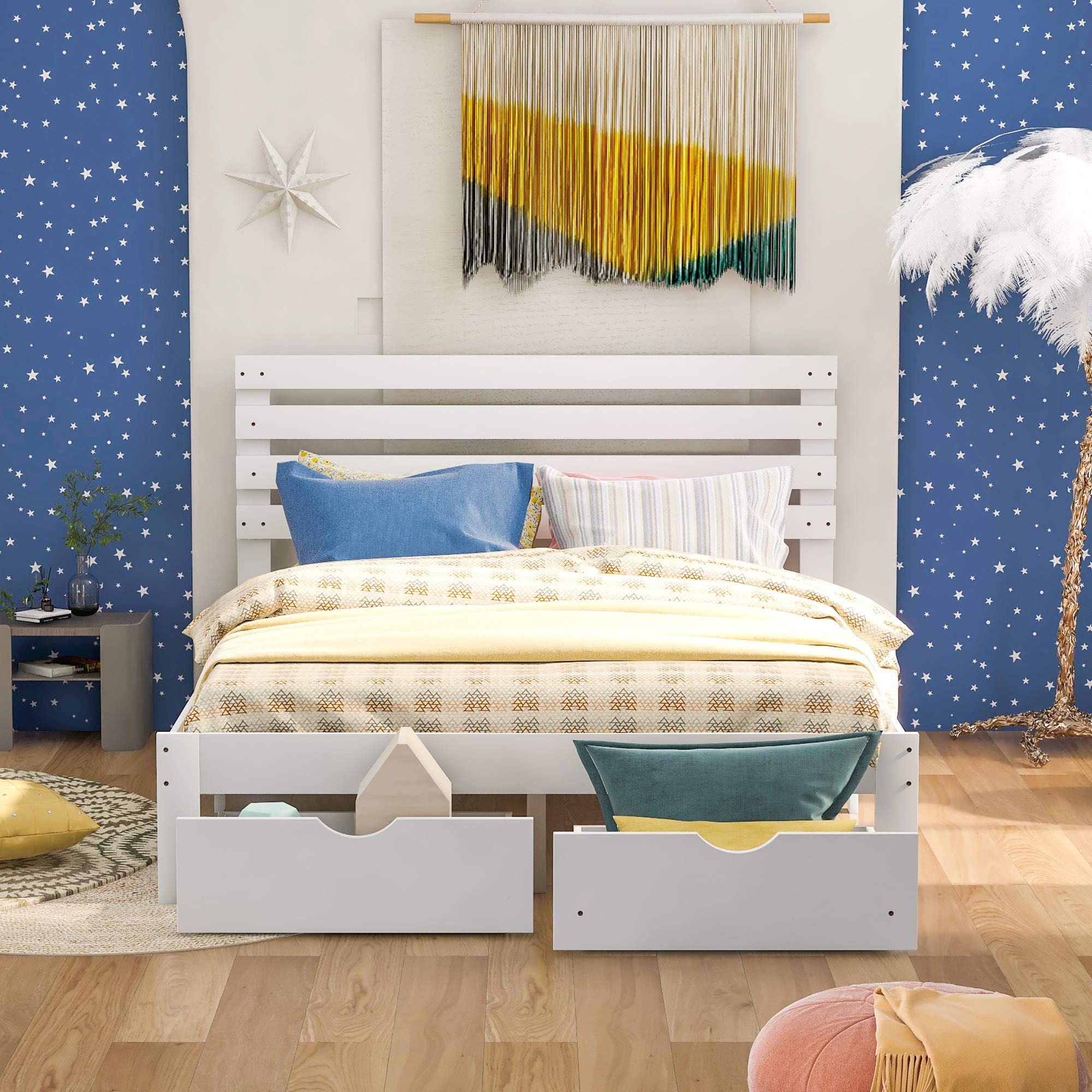 **SWELLSUITE Solid Wood Queen Bed Frame with Storage Drawer - Sturdy Platform Bed with Headboard & Wood Slats, No Box Spring Needed, White Finish for Kids & Teens - Perfect for Bedrooms, Dorms, and Guest Rooms**