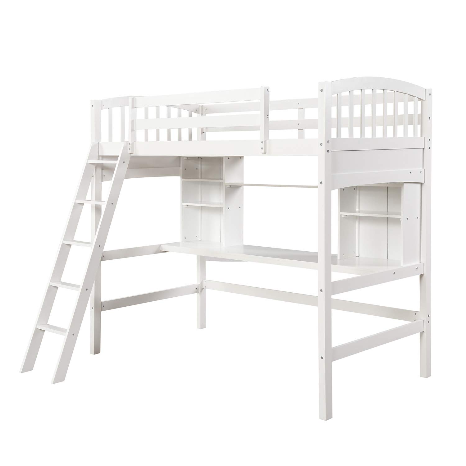 Solid Wood Loft Bed with Desk & Storage Shelves - Twin Size Kids Loft Bed with Bookcase, Safety Guard Rail & Angled Ladder - Space-Saving Study & Sleep Solution for Small Bedrooms (White & Natural Wood Finish) - Perfect for Dorm Rooms, Kids Rooms & Small Apartments