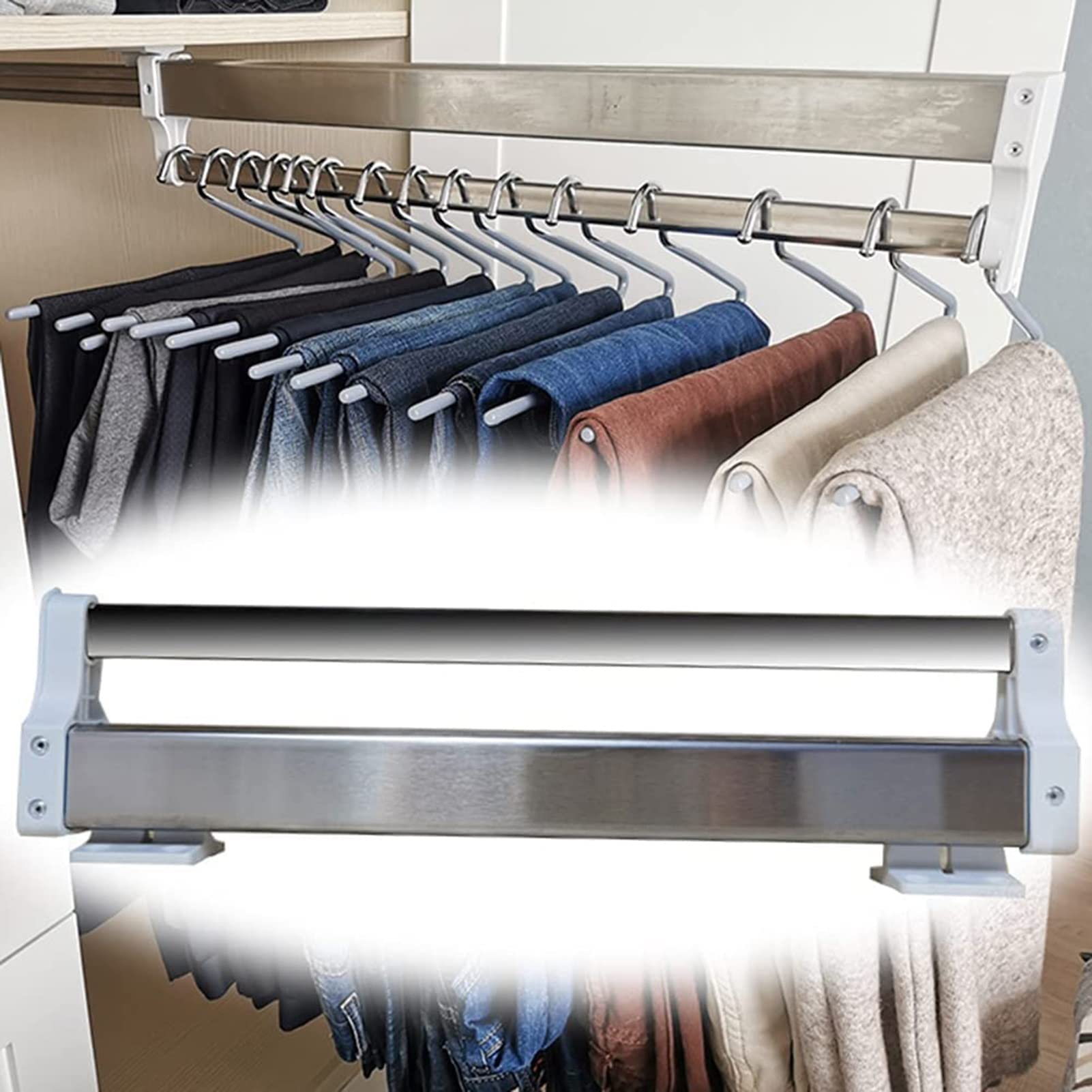 NICETOW Adjustable Pull Out Closet Rod 30-60cm - Heavy Duty Wardrobe Rail with Ball Bearing Slide, 25kg Load Capacity (50cm Size) - Perfect for Bedroom Closet Organization & Space Saving Storage