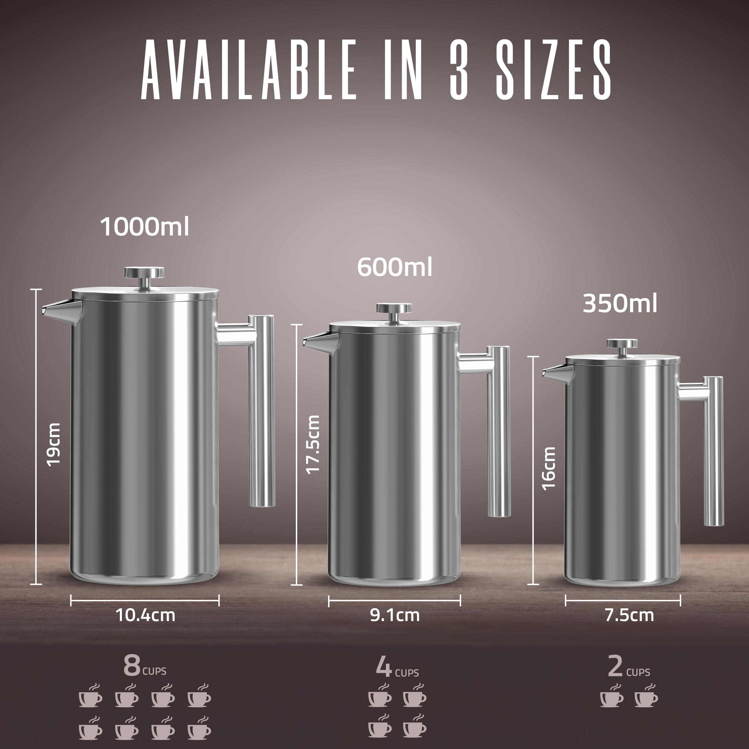 KICHLY 34oz Stainless Steel French Press Coffee Maker - Double Wall Insulated Coffee & Tea Maker with Stainless Steel Plunger - Keeps Hot for Hours - Perfect for Home, Office & Camping (Silver)
