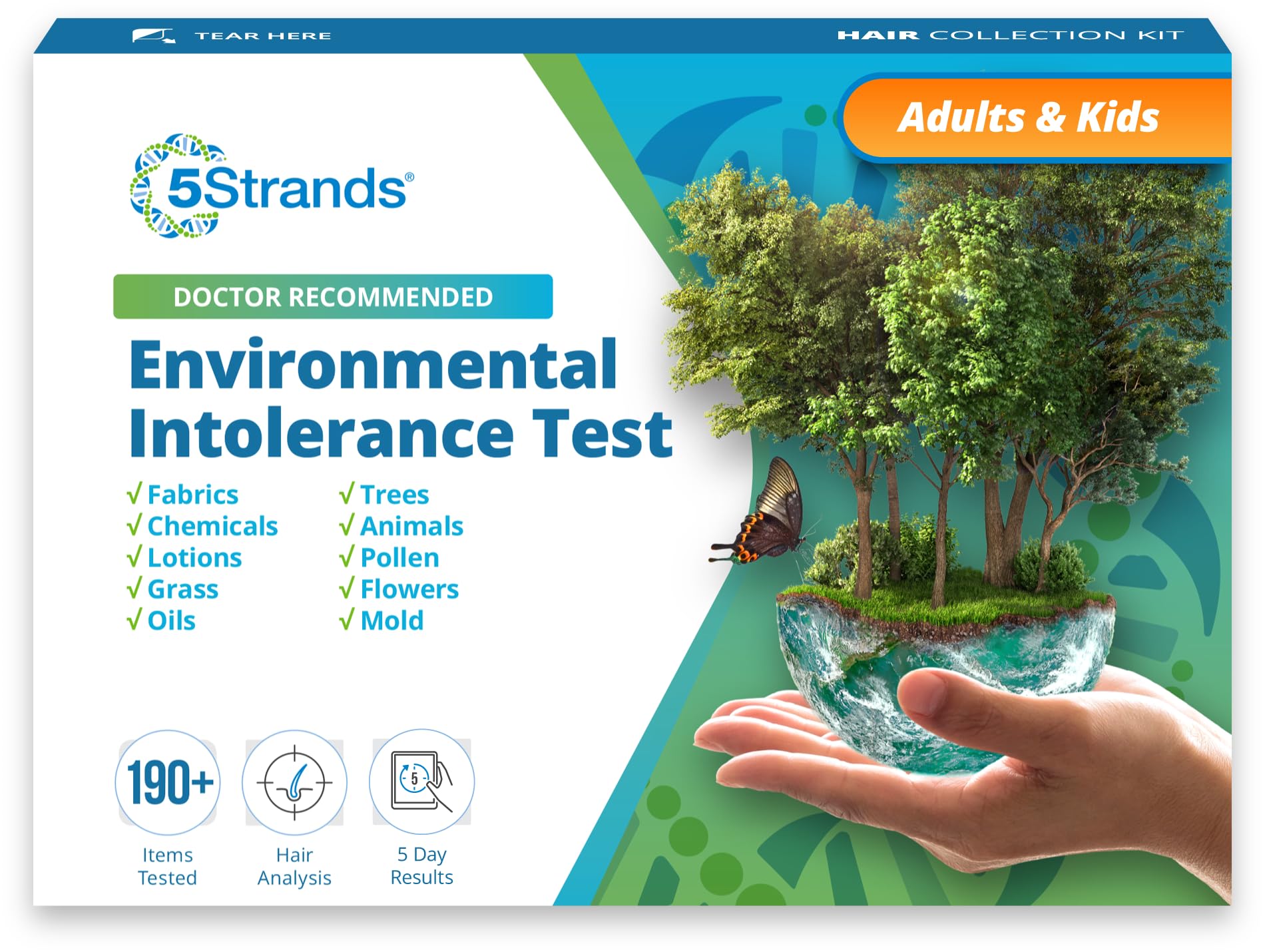 5Strands Environmental Intolerance Test Kit - 205 Indoor & Outdoor Allergens Tested | At-Home Sensitivity Test for Adults & Kids | Fast & Accurate Hair Analysis with 5-Day Results | Ideal for Allergy Sufferers & Health-Conscious Families