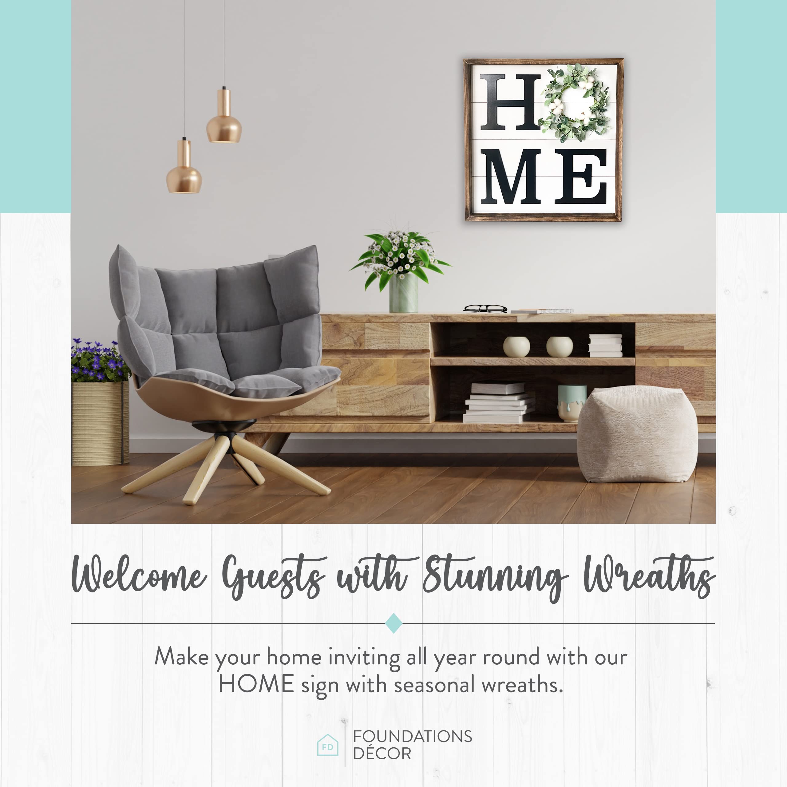 Rustic Farmhouse Home Sign with Wreath Frame - Stylish Wall Decor for Living Room, Entryway & Kitchen - Perfect for Farmhouse Style Homes & Cozy Interior Design | Foundations Decor