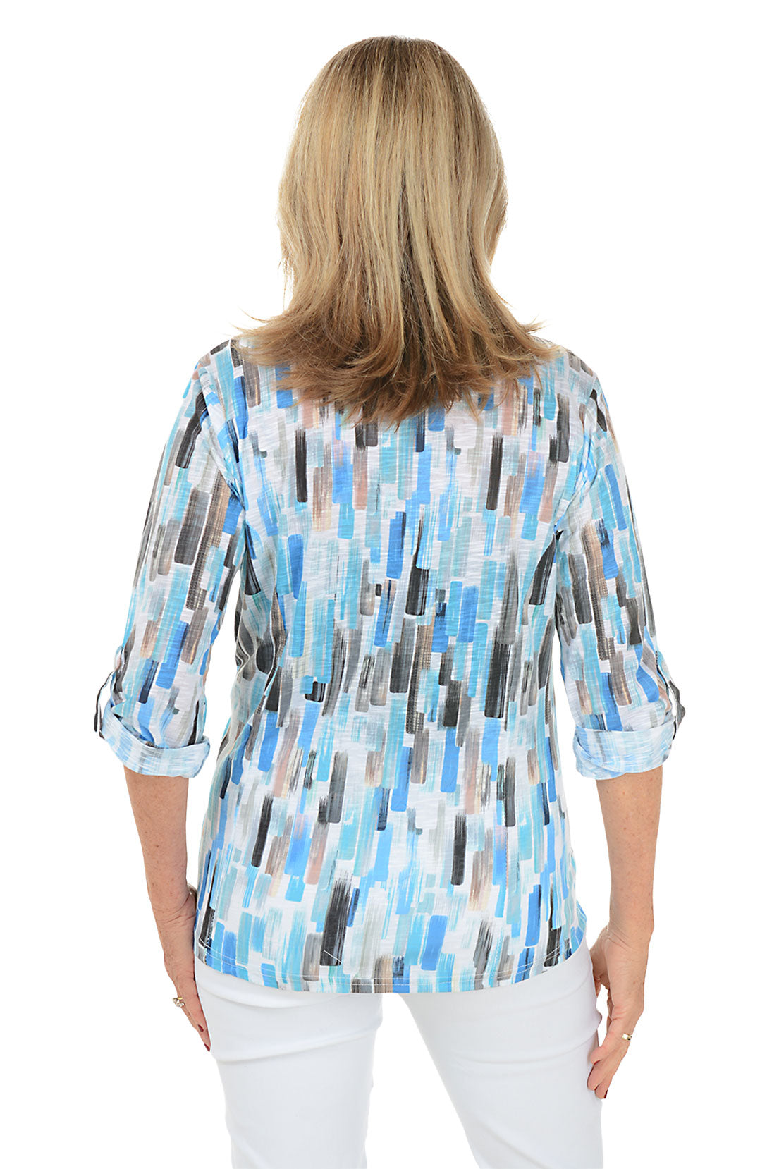 Rain Streaked Roll Tab Knit Shirt for Women - Stylish Casual Long Sleeve Top for Fall & Winter | Perfect for Office, Date Night & Weekend Outfits