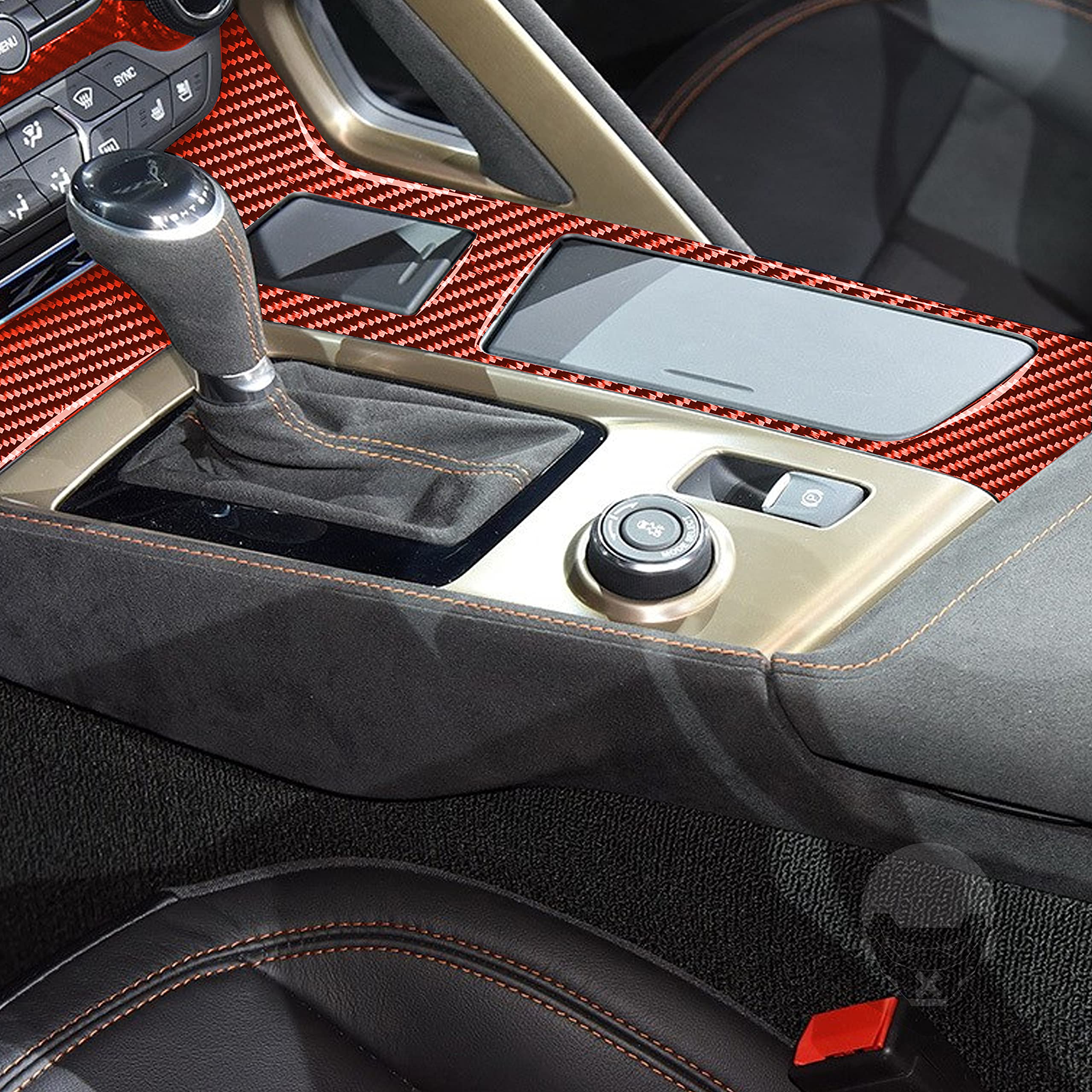 Premium Real Carbon Fiber Cup Holder Cover for Chevrolet Corvette C7 (2014-2019) | Interior Center Console Protector & Decorative Sticker | Red Accent | Enhances Driving Experience & Protects from Spills