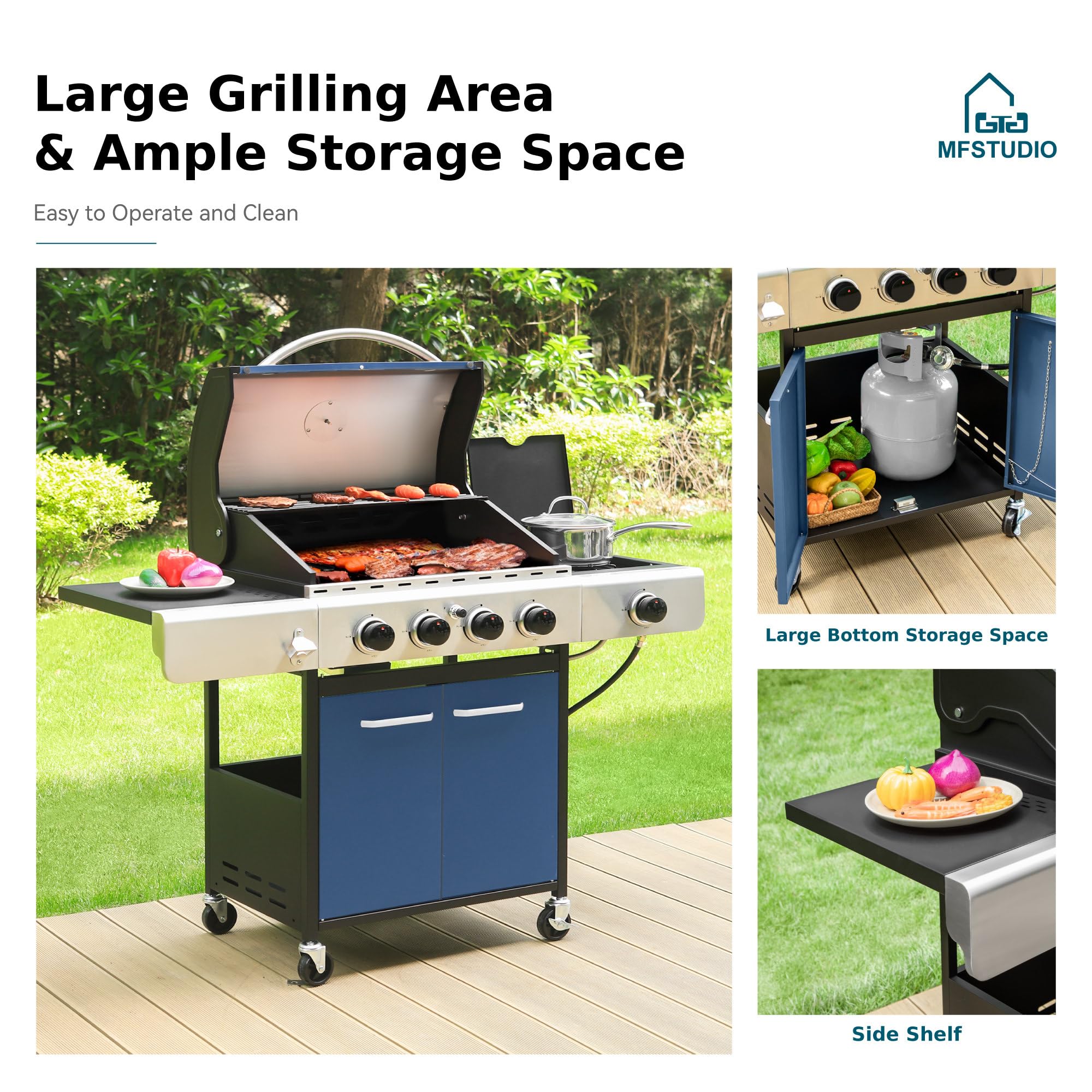 MFSTUDIO 4-Burner Propane Gas Grill - Stainless Steel BBQ Grill with Side Burner & Porcelain-Enameled Cast Iron Grates | High Output Outdoor Cooking Grill for Backyard, Patio, Camping & Tailgating Parties | Blue