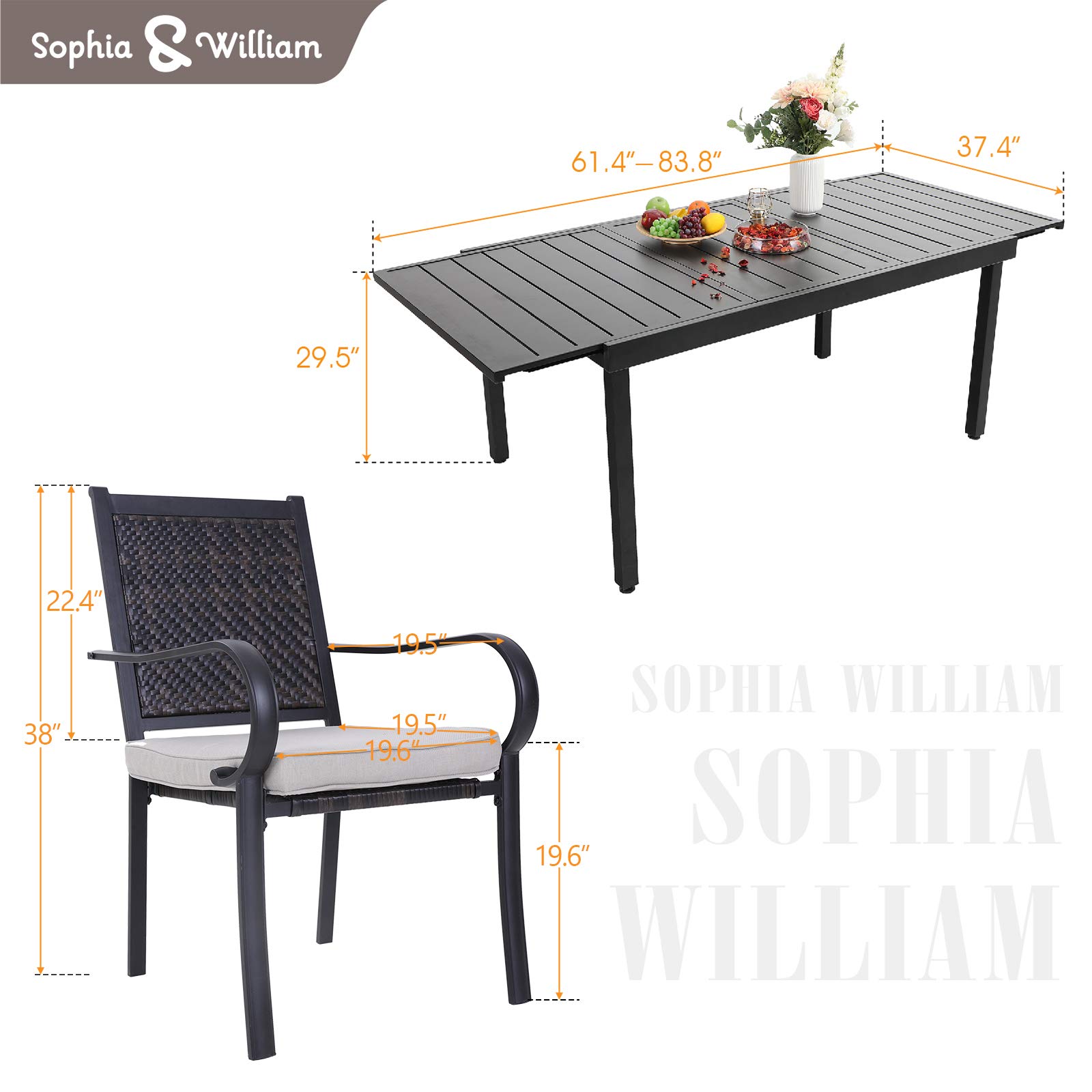 Sophia & William 9-Piece Outdoor Dining Set - Weather-Resistant Rattan Wicker Patio Furniture with Expandable Metal Table & 8 Cushioned Chairs - Perfect for Garden, Backyard, Lawn & Outdoor Entertaining