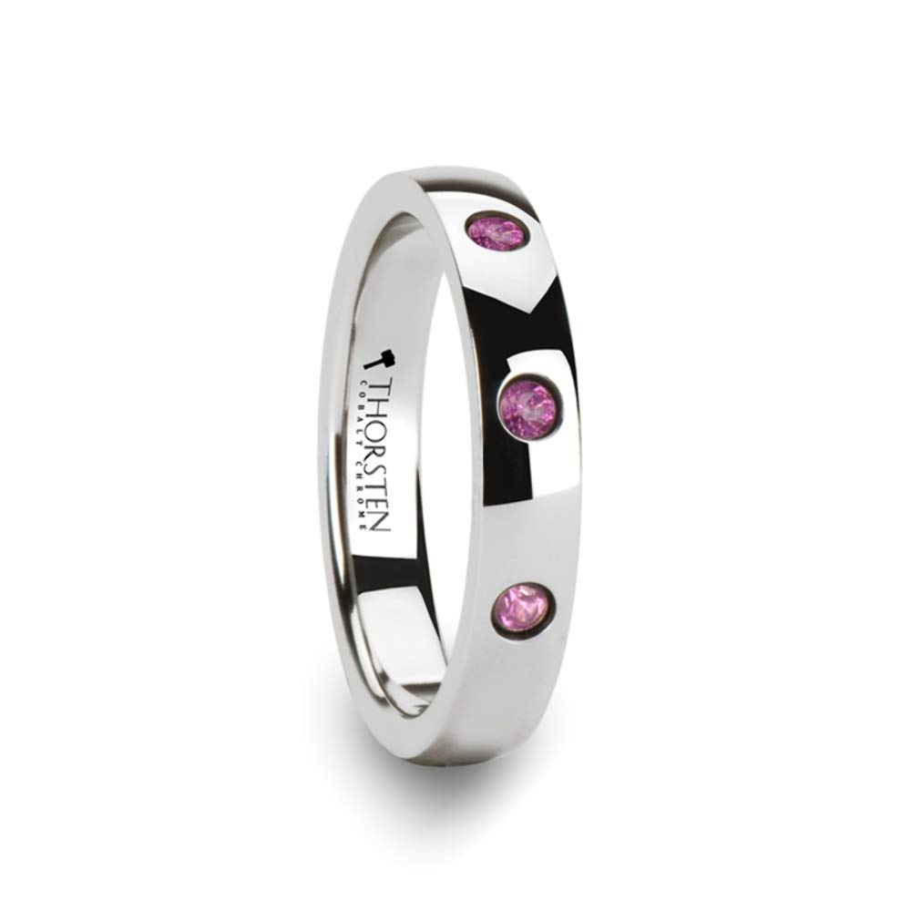 Men's Comfort Fit Domed White Tungsten Wedding Band Ring with 3 Pink Sapphires - 4mm Wide - Perfect for Engagement, Anniversary & Everyday Wear - Style DIANA