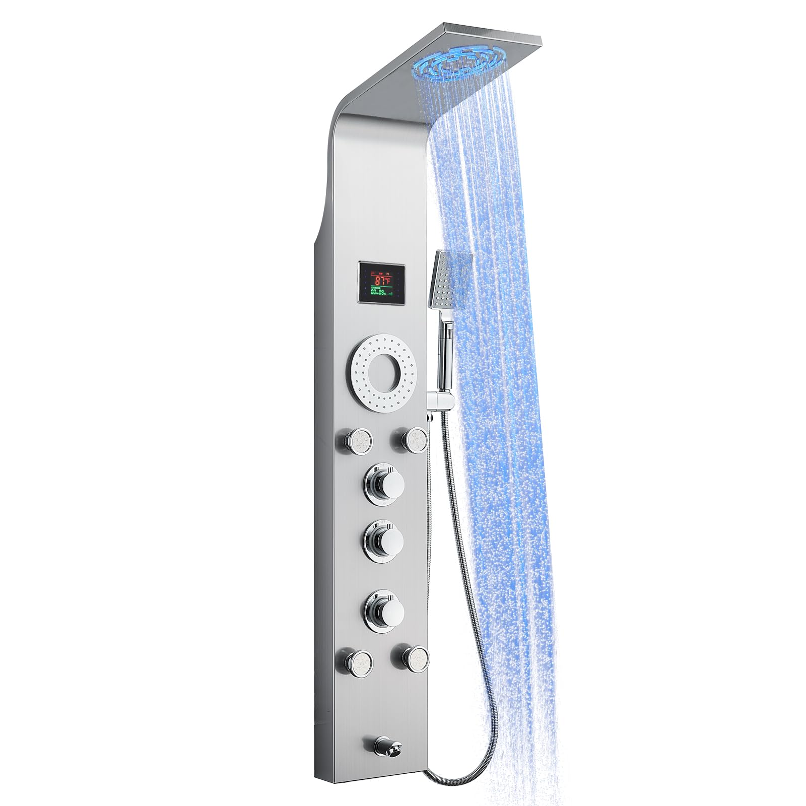 No Battery Needed Shower Panel Tower with LED Lights & Temperature Display - Rainfall, Mist & Body Jet Shower System with Handheld & Tub Spout | 304 Stainless Steel Brushed Finish | Perfect for Modern Bathroom Renovation & Spa-Like Shower Experience
