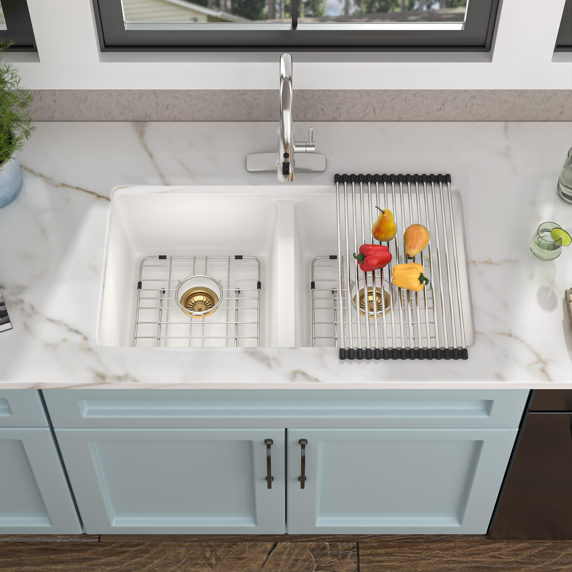 Fulorni 33x19 Inch White Granite Composite Kitchen Sink - Double Bowl Undermount 50/50 Quartz Sink Basin for Countertop Installation | Durable & Stylish for Modern Kitchens, Easy Food Prep & Cleanup