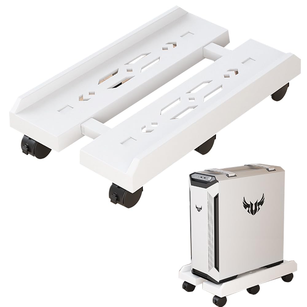 Adjustable Mobile CPU Stand with 6 Locking Caster Wheels - Ventilated Computer Tower Stand for Most PC Cases (White) - Perfect for Office, Gaming & Home Workspace Setup