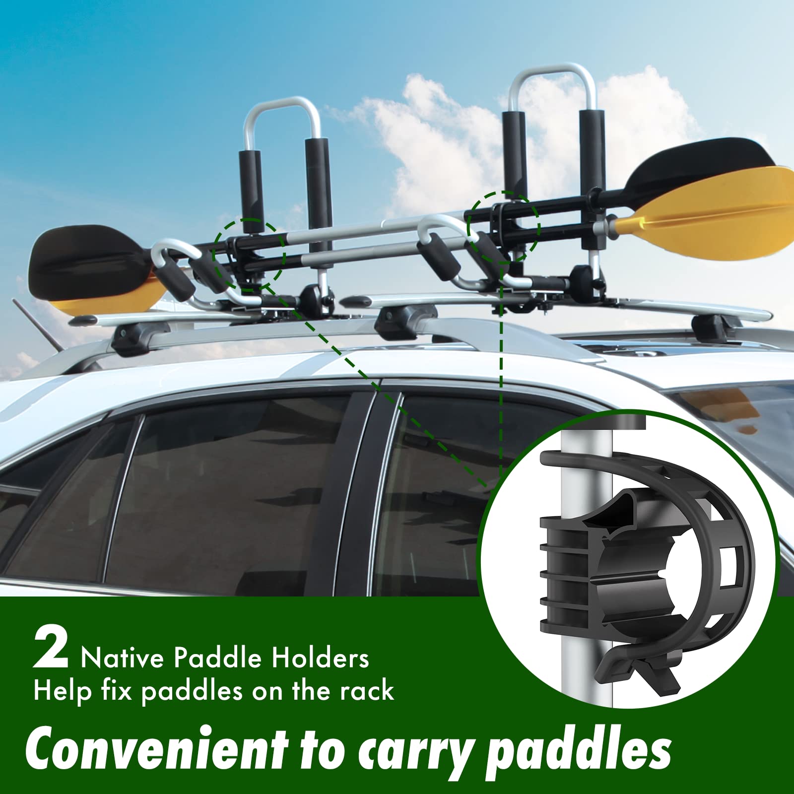 Foldable Aluminum J Bar Kayak Roof Rack - Universal Car Top Carrier for Kayaks, Canoes & SUPs - Includes 2 Heavy-Duty Tie Down Straps - Perfect for Road Trips, Camping & Water Sports Adventures