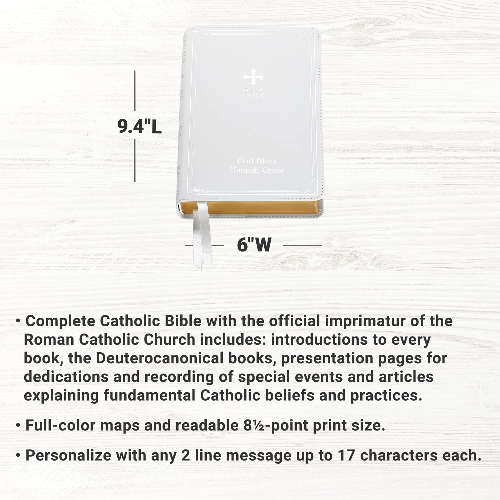 Personalized Catholic Bible - Custom Engraved New & Old Testament - White Cover - Faith Gift with Custom Message - 9.4