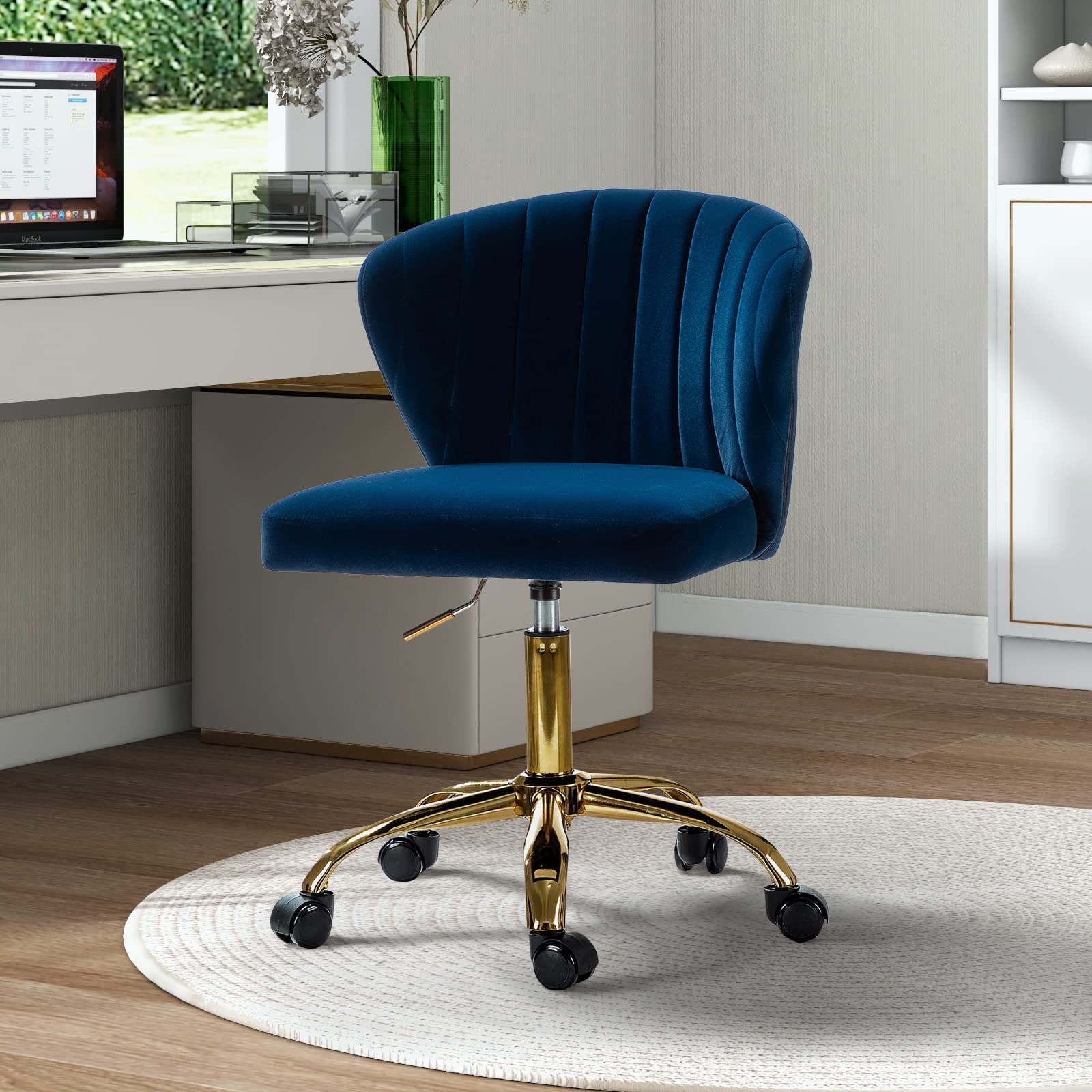 TINA'S HOME Modern Velvet Armless Office Chair with Wheels & Gold Base - Adjustable Low Back Swivel Rolling Task Chair for Home Office, Living Room, Vanity or Study - Navy Blue Upholstered Desk Chair for Comfortable Workspace