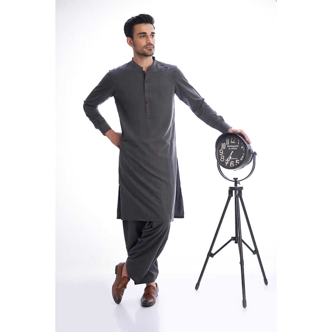 Elegant Dark Grey Textured Shalwar Kameez - Traditional Pakistani Outfit for Men - Perfect for Weddings, Festivals & Special Occasions