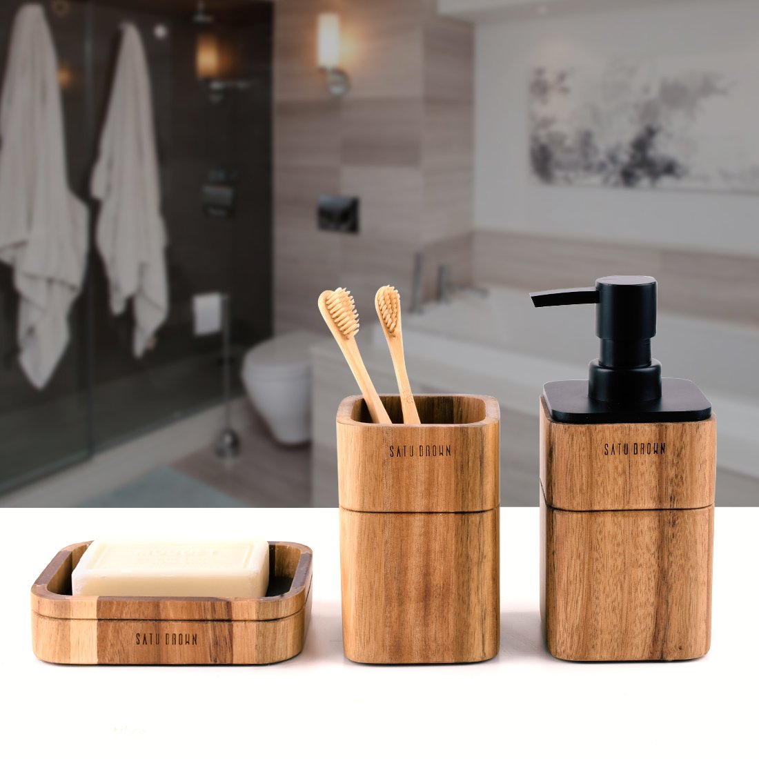 Premium Acacia Wood Bathroom Accessory Set - 3-Piece Soap Dispenser, Tumbler & Soap Dish | Modern Bathroom Decor, Housewarming Gift for Spa-Like Luxury at Home