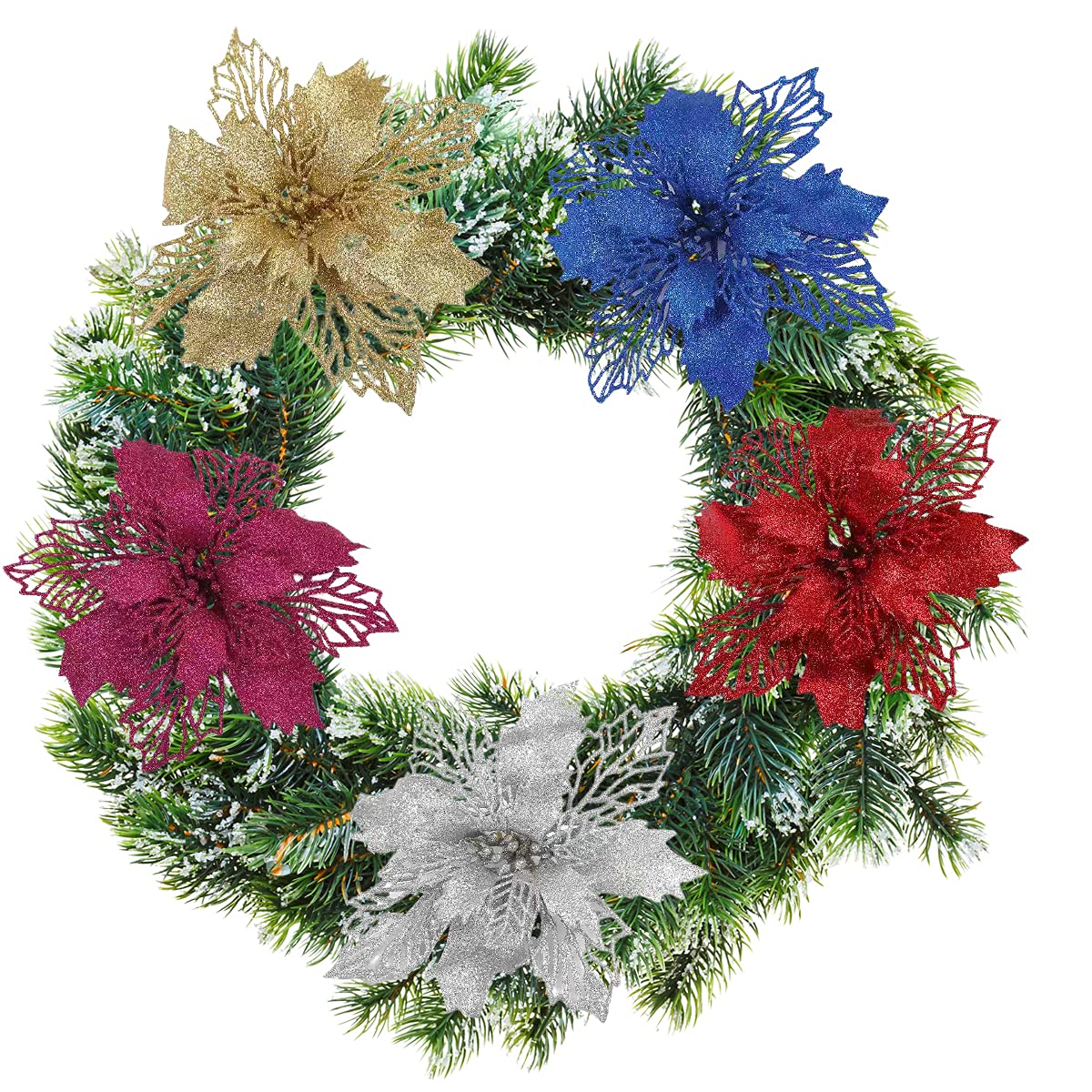 10 Pcs Rose Gold Glitter Poinsettia Flowers - Artificial Christmas Tree Ornaments for Holiday Wedding Decorations | Perfect for Xmas Tree, Wreaths, Table Centerpieces & Festive Home Decor