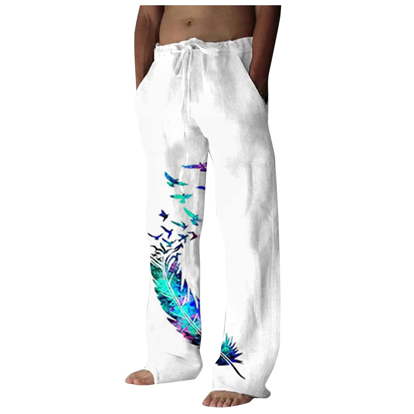 **Men's Bird Print Cotton Linen Pants - Casual Summer Wide Leg Yoga Pants for Plus Size - Perfect for Beach, Travel & Relaxation**