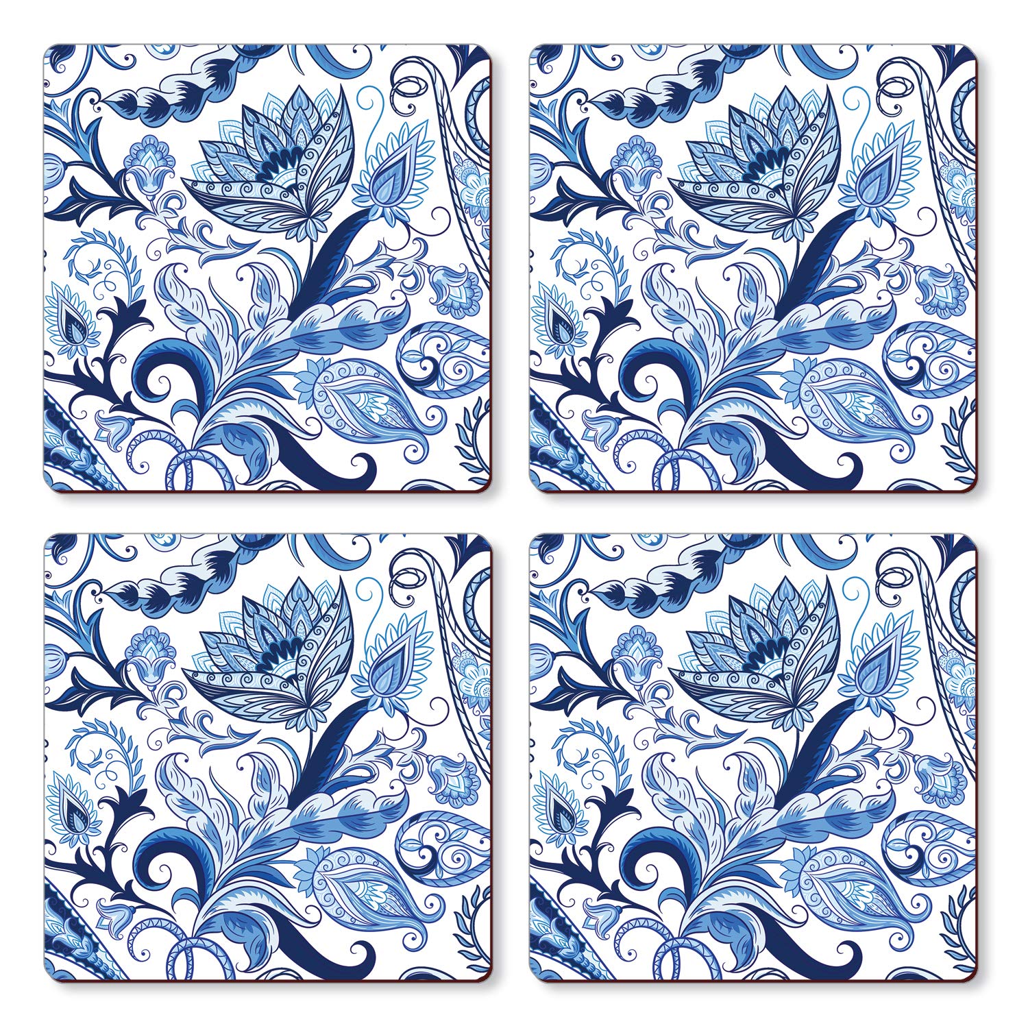 Premium Hardboard Cork Back Coaster Set - 4 Pack Blue Paisley Design | Heat Resistant & Easy to Clean | Made in USA | Perfect for Coffee Tables, Dining Tables & Home Decor