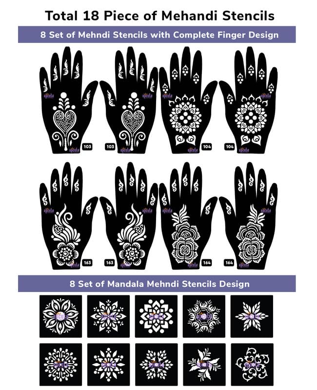 Apcute 18pc Combo Pack Henna Stencil Sticker Set - Easy DIY Mehndi Tattoo Designs for Women, Girls & Kids - Perfect for Weddings, Parties & Festivals (18PC-103-104-163-164)