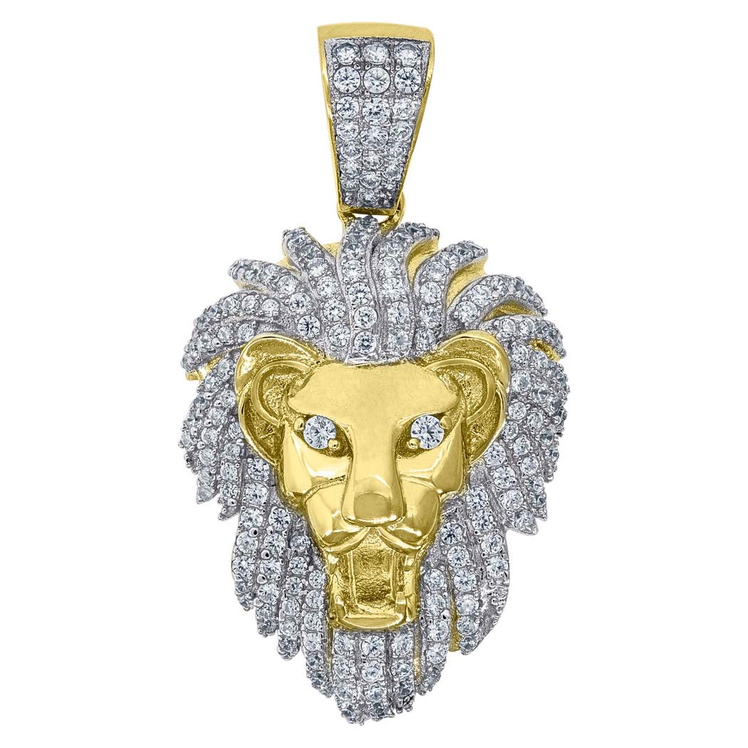 925 Sterling Silver Yellow Tone CZ Lion Head Men's Pendant Necklace - 38.9x20.6mm Wide Fashion Jewelry Gift for Him - Perfect for Casual Wear, Parties & Special Occasions