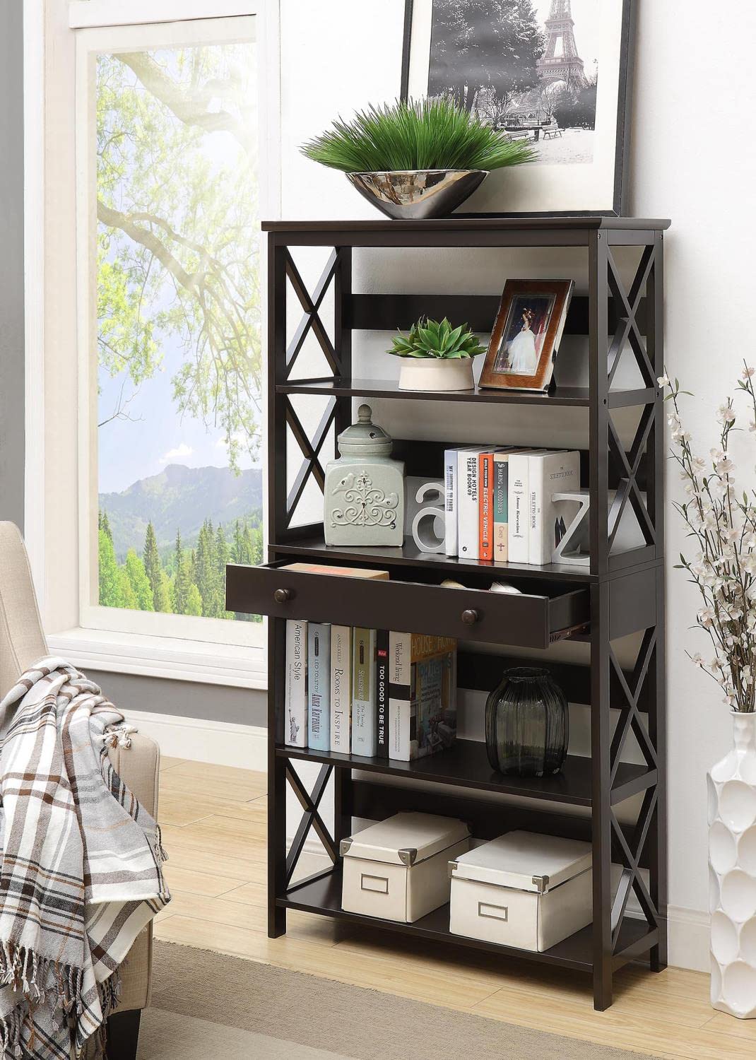 Oxford 5-Tier Bookcase with Storage Drawer - Black Wooden Bookshelf for Living Room, Bedroom & Office Organization