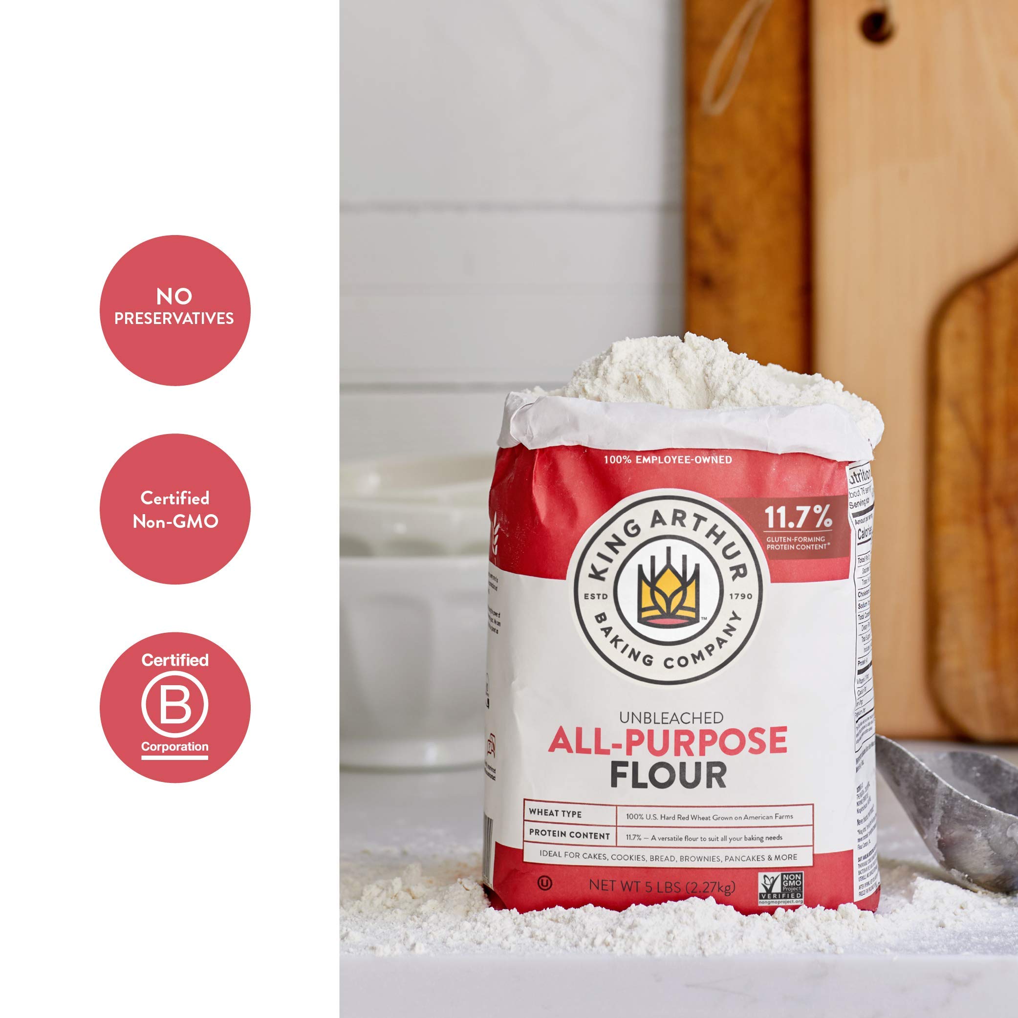 King Arthur Baking Unbleached All-Purpose Flour - Premium 5 lbs Non-GMO, Kosher Certified Flour for Bread, Cakes & Pastries - 11.7% Protein, No Preservatives - Perfect for Home Bakers & Professional Chefs