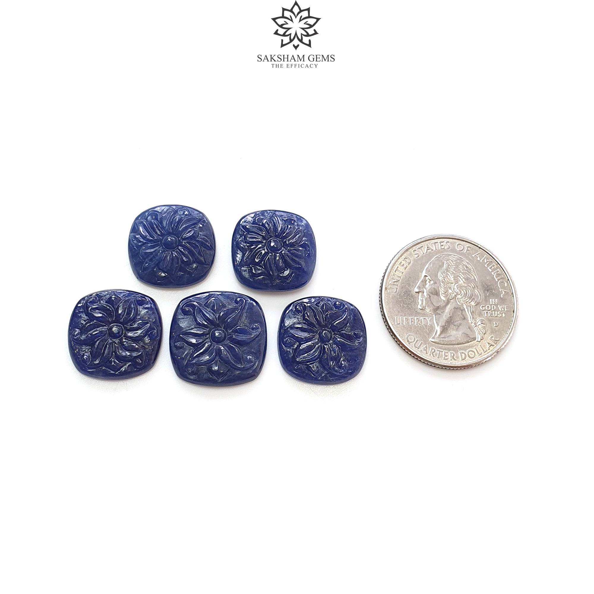 Natural Deep Blue Sapphire Gemstone Carving - 53.20cts Untreated Unheated Hand-Carved Cushion Shape (16x15mm & 18x16mm, 5pcs) | Perfect for Jewelry Making, Engagement Rings & Luxury Gifts
