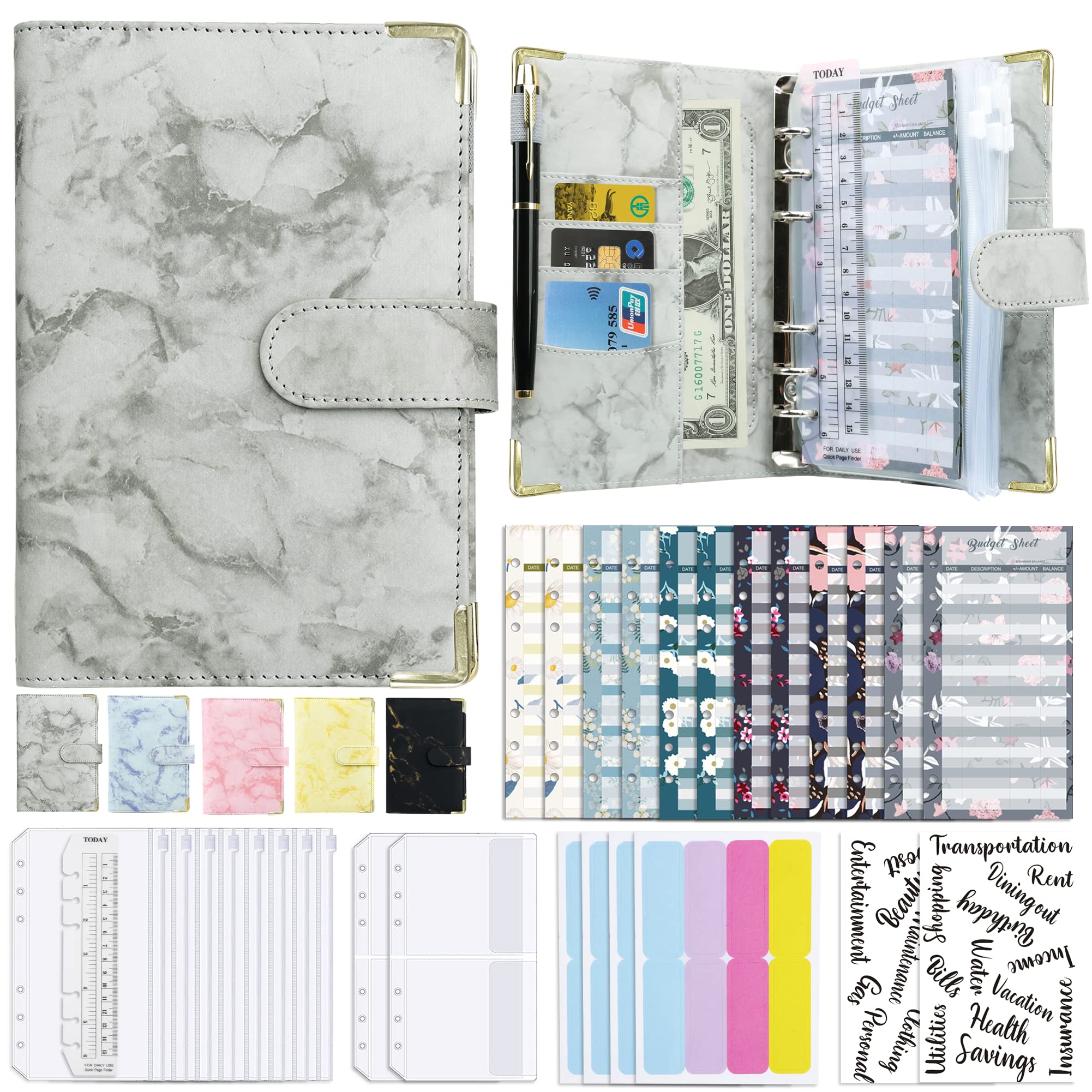 A6 Money Saving Budget Binder with Cash Zipper Envelopes & 12 Budget Cards - Gray | Personal Finance Organizer for Cash Envelope System | Perfect for Budget Planning, Bill Tracking, and Financial Goal Setting