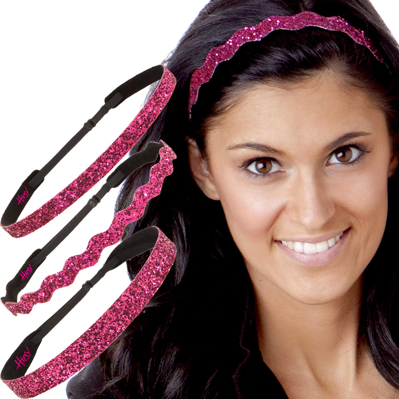 Sparkly Bling Adjustable No-Slip Headbands for Women, Girls & Teens - Petite Size, Mixed 3 Pack (Hot Pink Glitter) - Perfect for Sports, Workouts, School & Everyday Fashion