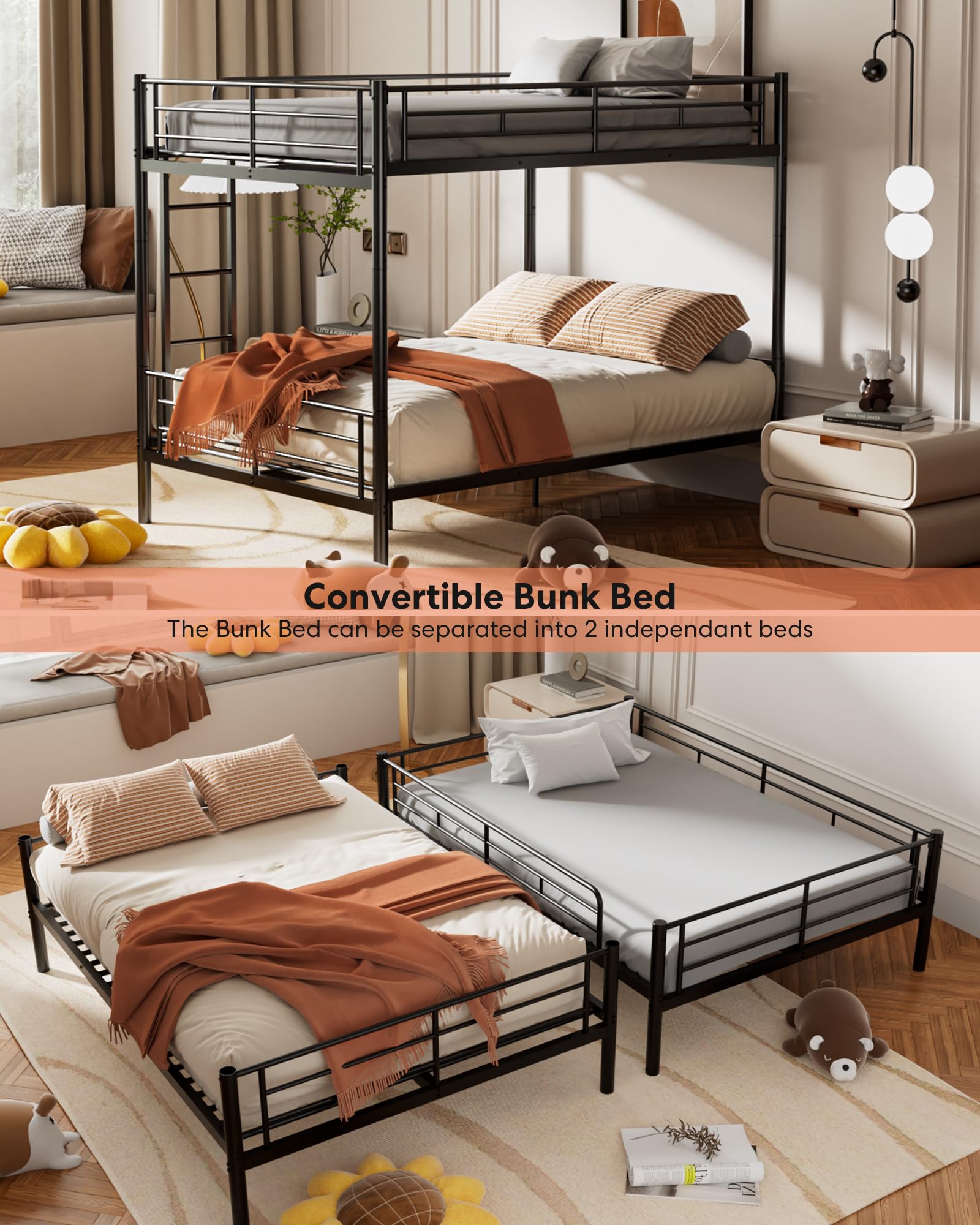 Full Over Full Metal Bunk Bed for Kids - Convertible to 2 Separate Full Size Beds - Heavy Duty Steel Bunk Bed Frame with High Safety Guardrail & Built-in Ladder - No Box Spring Required - Noise Free Design - Black - Perfect for Kids' Bedroom, Dorm Room or Space-Saving Guest Room