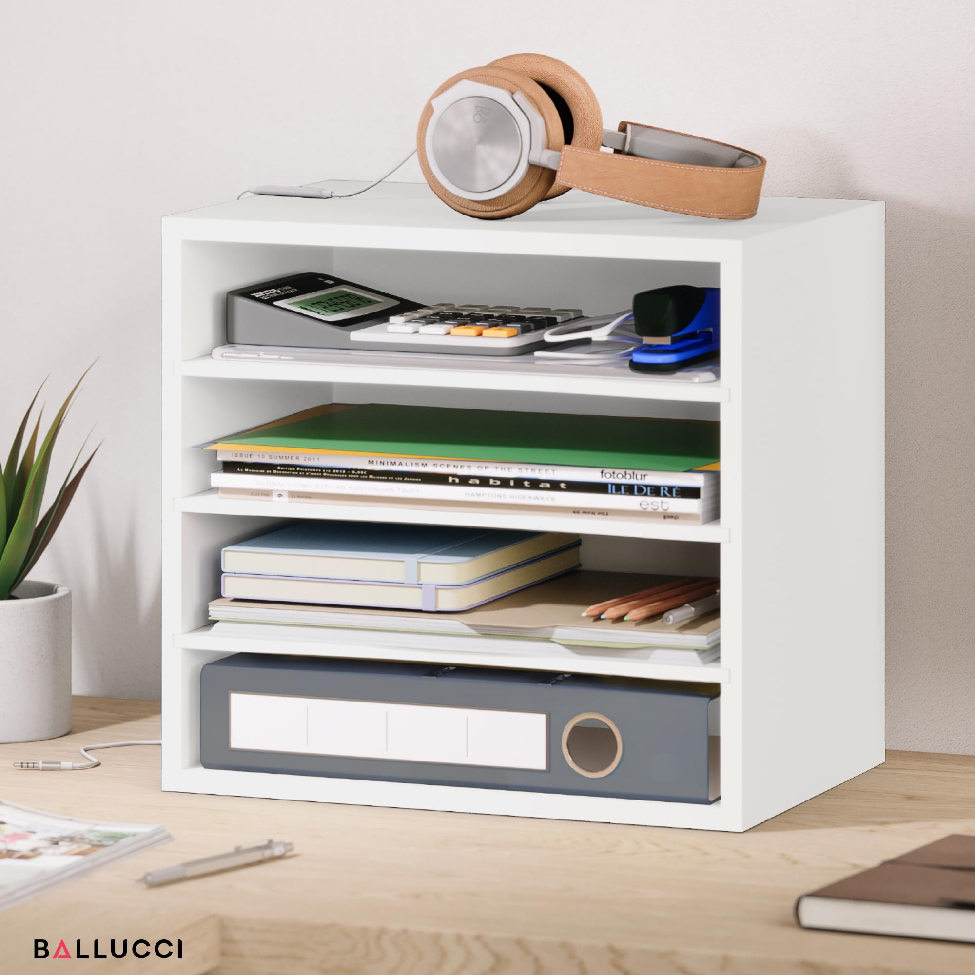Ballucci 4-Tier Stackable Paper Organizer Tray - White Desk Storage Shelves for Letter, Documents & Files - Perfect for Office, Classroom & Home Workspace Organization