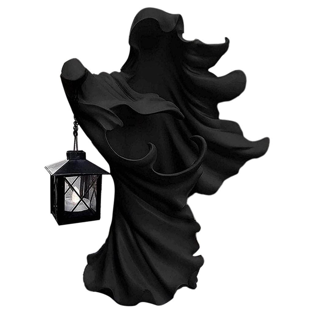 Gazechimp Halloween Solar Lantern Decor - Black Ghost Statue with LED Light, Spooky Figurine for Home & Garden Decoration | Perfect for Halloween Party, Outdoor Pathway Lighting & Gothic Home Decor