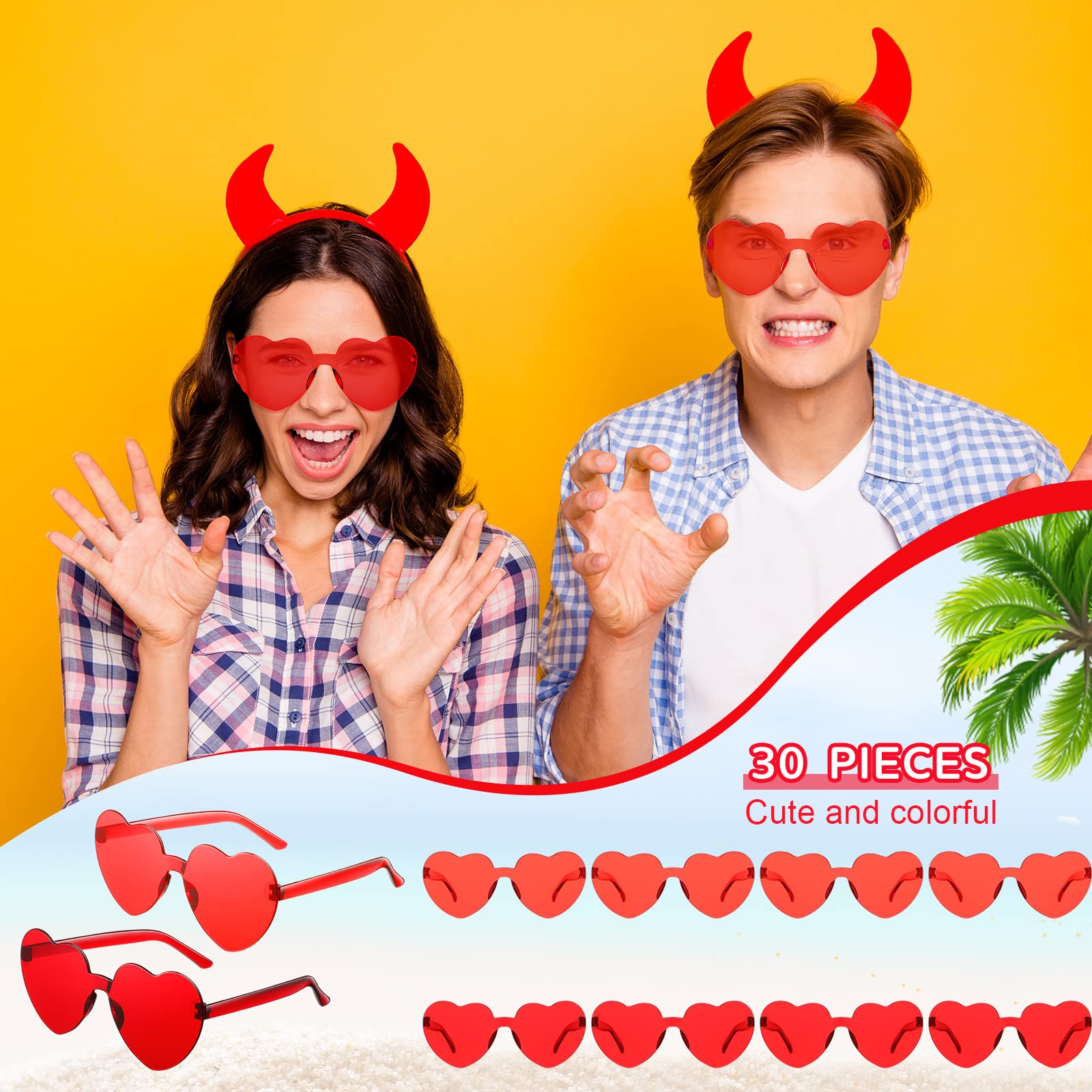 30 Pairs Heart Shaped Sunglasses Bulk - Rimless Candy Color Party Eyewear for Women & Men - Perfect for Valentine's Day, Bachelorette Parties, Festivals & Costume Events