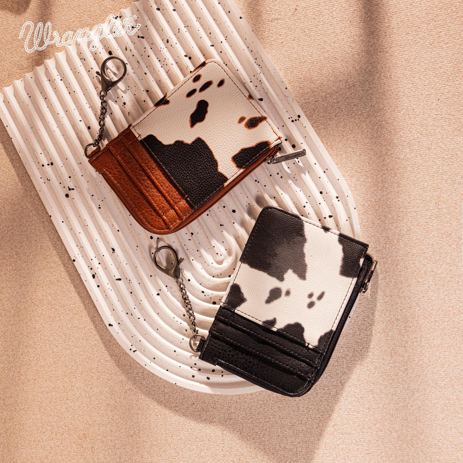 Wrangler Black Cow Print Western Style Women's Slim Wallet - Small Credit Card Holder with Zipper Pocket, Minimalist Keychain Wallet for Everyday Use, Travel & Shopping