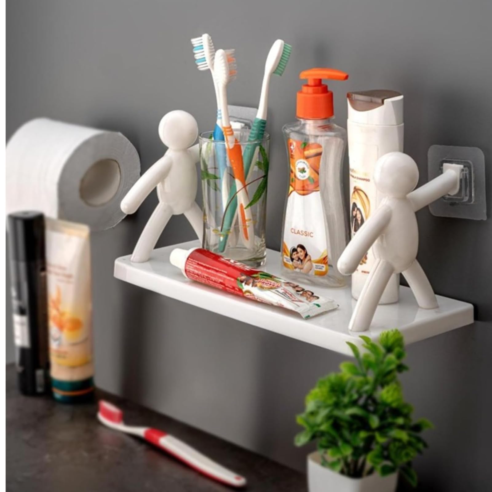 ADL PASSION White Wall Mounted Plastic Bathroom Shelf - Self Adhesive Shower Organizer with 2 Stickers for Bathroom Storage, Kitchen, Bedroom & Office Organization