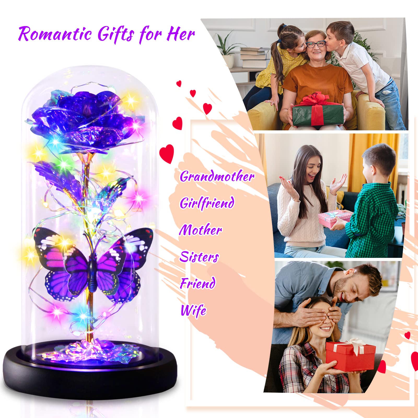 Purple Butterfly Rose Flower Gift - Elegant Light Up Rose for Women, Mom, Wife, Grandma, Girlfriend, Daughter, Sister - Perfect for Birthday, Mother's Day, Valentine's, Anniversary, Christmas & Thanksgiving - Romantic Home Decor & Special Occasion Present