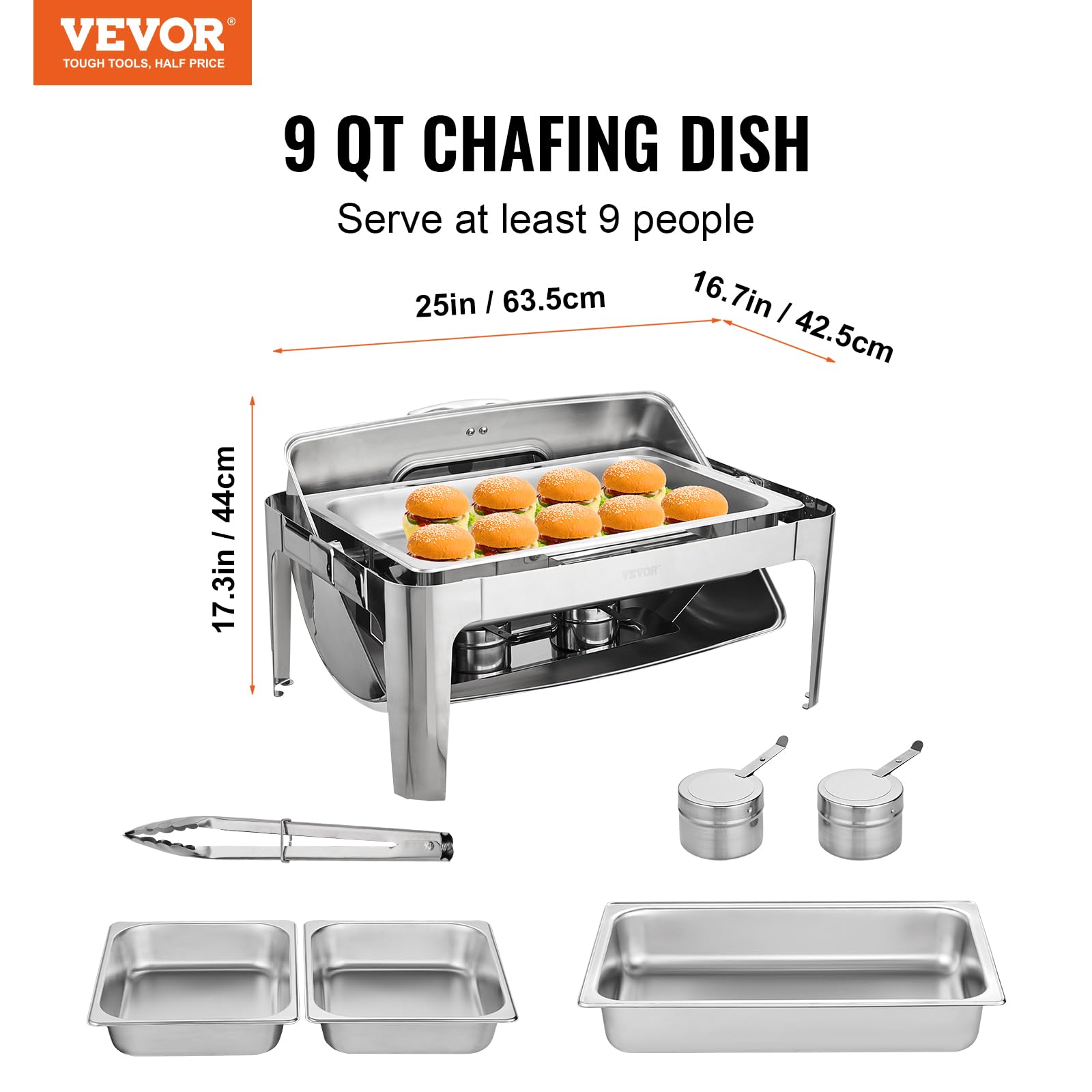VEVOR 9 Qt Stainless Steel Roll Top Chafing Dish Buffet Set with 2 Half Size Pans, Rectangle Catering Food Warmer with Visible Lid, Water Pan Stand & Fuel Holder - Perfect for Buffets, Weddings, Banquets and Catering Events (Serves 9+ People)