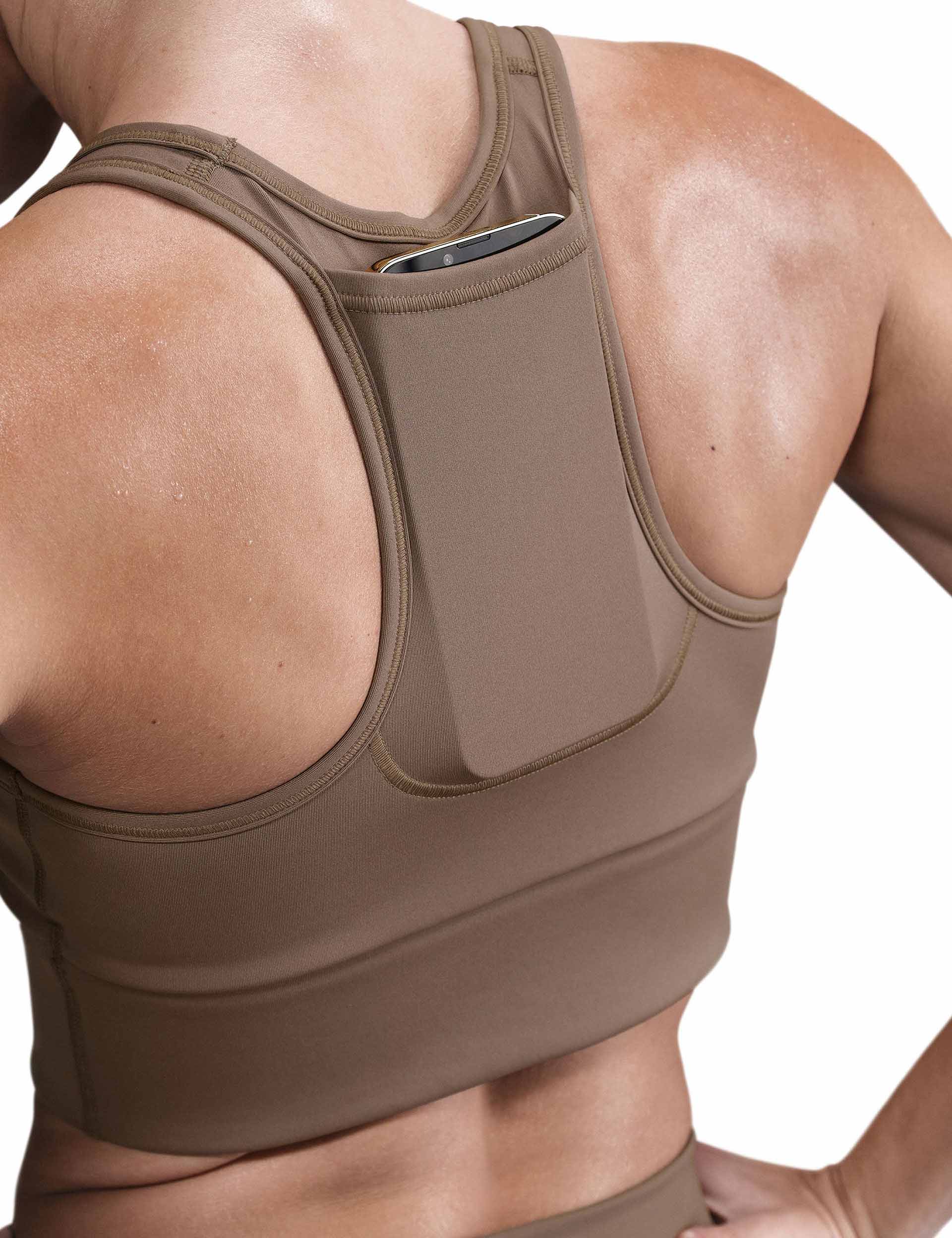 Swoosh Pocket Medium Support Sports Bra - Mink Brown/White - High Impact Workout, Running, Yoga & Gym Activewear for Women