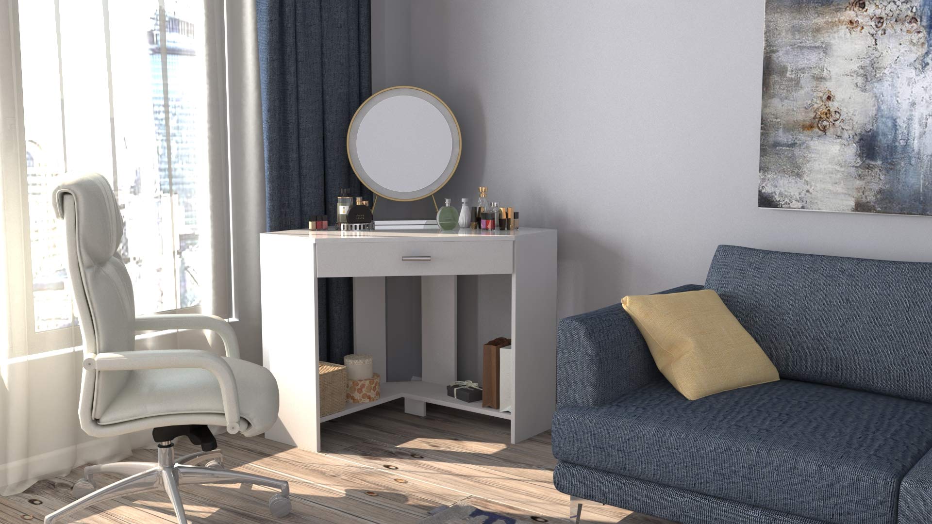Stylish White Gloss Modern Corner Vanity with Mirror - Perfect for Small Bathrooms & Bedroom Makeup Stations