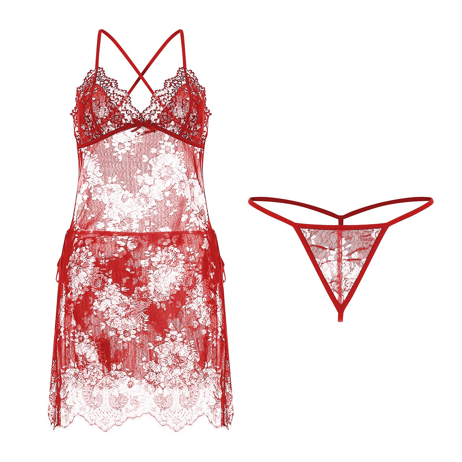 Sexy Lace See-Through Nightgown Set for Women - Halter Neck V-Neck Deep Strap Lingerie & Underwear - Perfect for Romantic Nights, Honeymoon, and Special Occasions