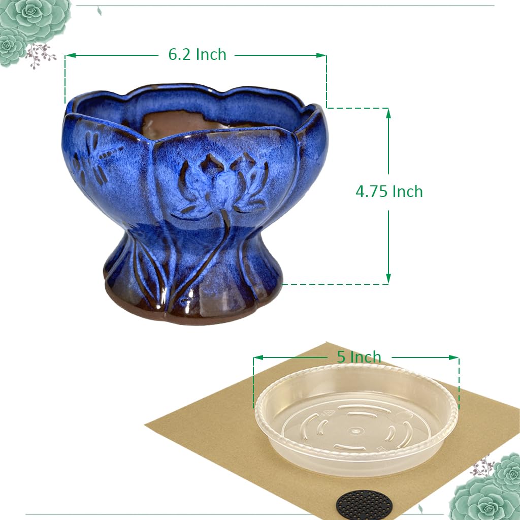 6.2 Inch Purple Glazed Terracotta Planter Pot with Drainage Hole & Saucer - Round Lotus Ceramic Flower Pot for Succulents, Cactus, Indoor Plants - Perfect for Home Decor, Office Desk, Garden & Balcony