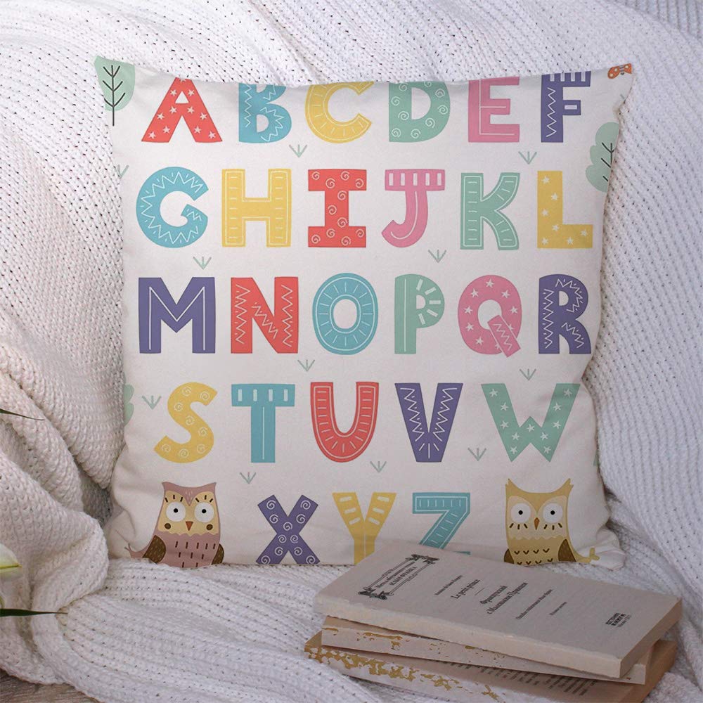 Funny ABC Owl Decorative Polyester Throw Pillow Covers - 16x16 Inch Colorful Alphabet Textured Cushion Covers for Kids' Room, Sofa & Home Decor | Perfect for Nursery, Classroom & Living Room