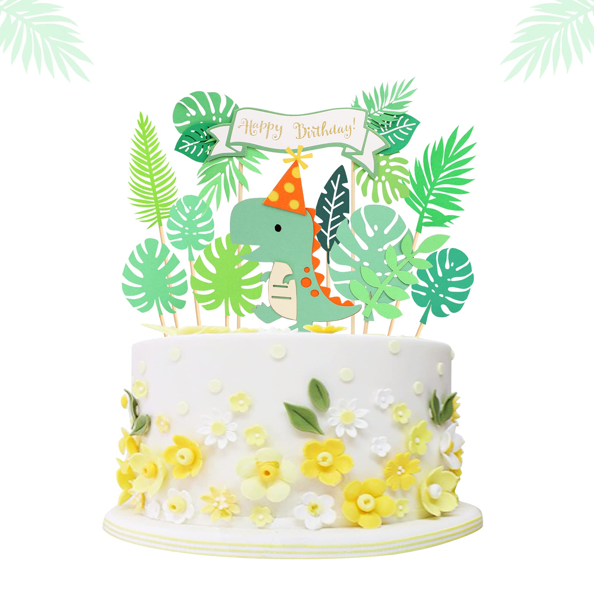 10Pcs Dinosaur Cake Toppers - Happy Birthday Party Decorations with Forest Green Leaves for Jungle Theme Baby Shower, Kids Birthday Cakes - Perfect for Dinosaur Themed Parties and Cake Decorating