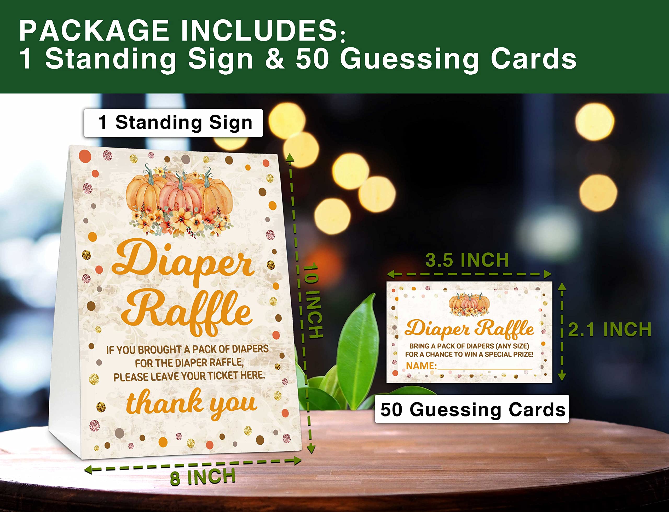 Thanksgiving Diaper Raffle Sign - Rustic Fall Baby Shower Game with Little Pumpkin Diaper Raffle Tickets - Autumn Baby Shower Decorations for Boys & Girls (1 Sign + 50 Guessing Cards) - Perfect for Thanksgiving Baby Showers and Fall-Themed Celebrations